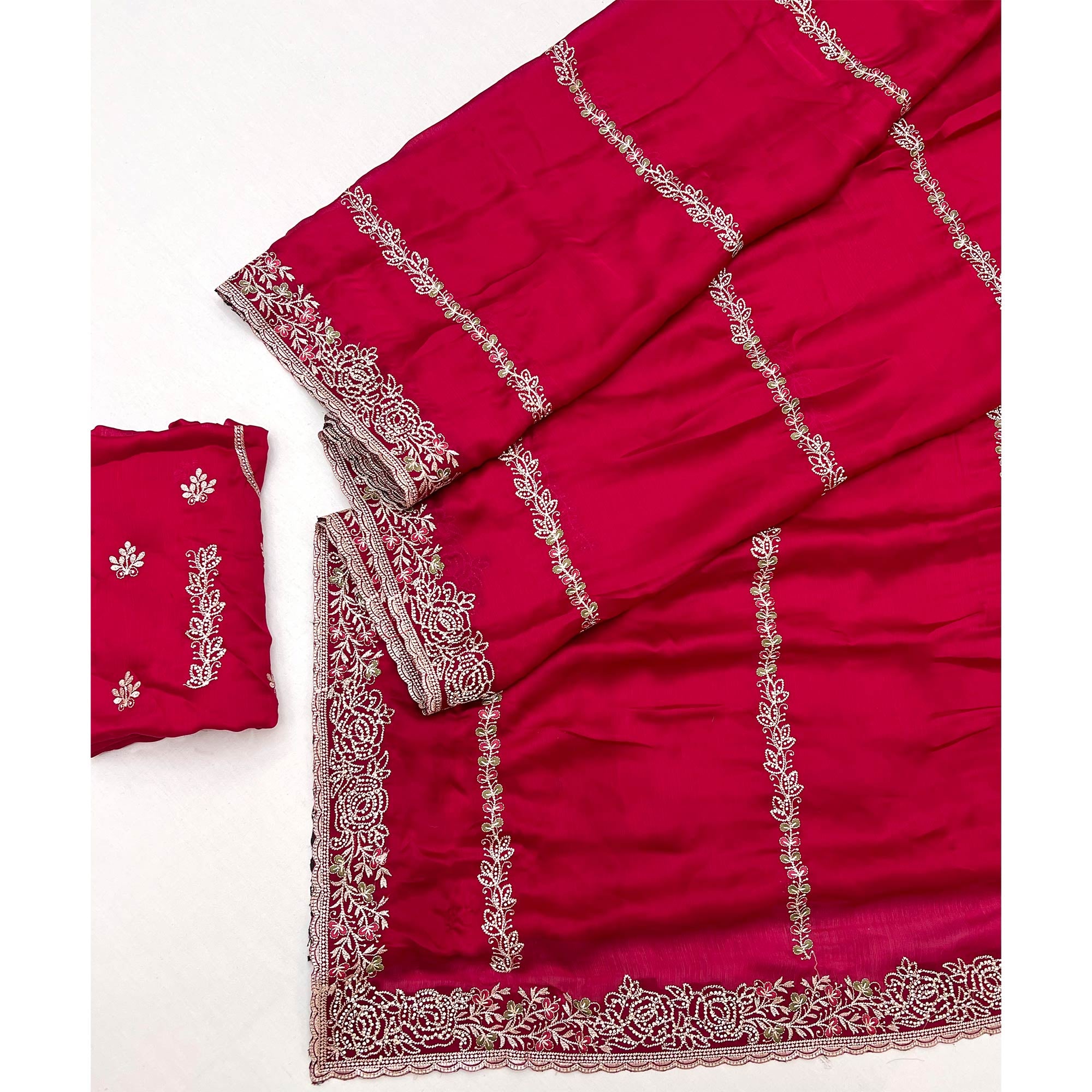 Pink Satin Chiffon Saree Adorned with Intricate Floral Embroidery