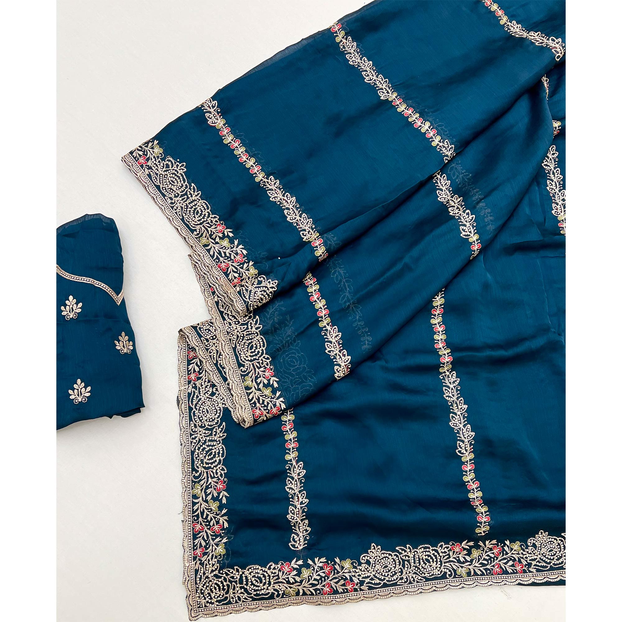 Blue Satin Chiffon Saree Adorned with Intricate Floral Embroidery