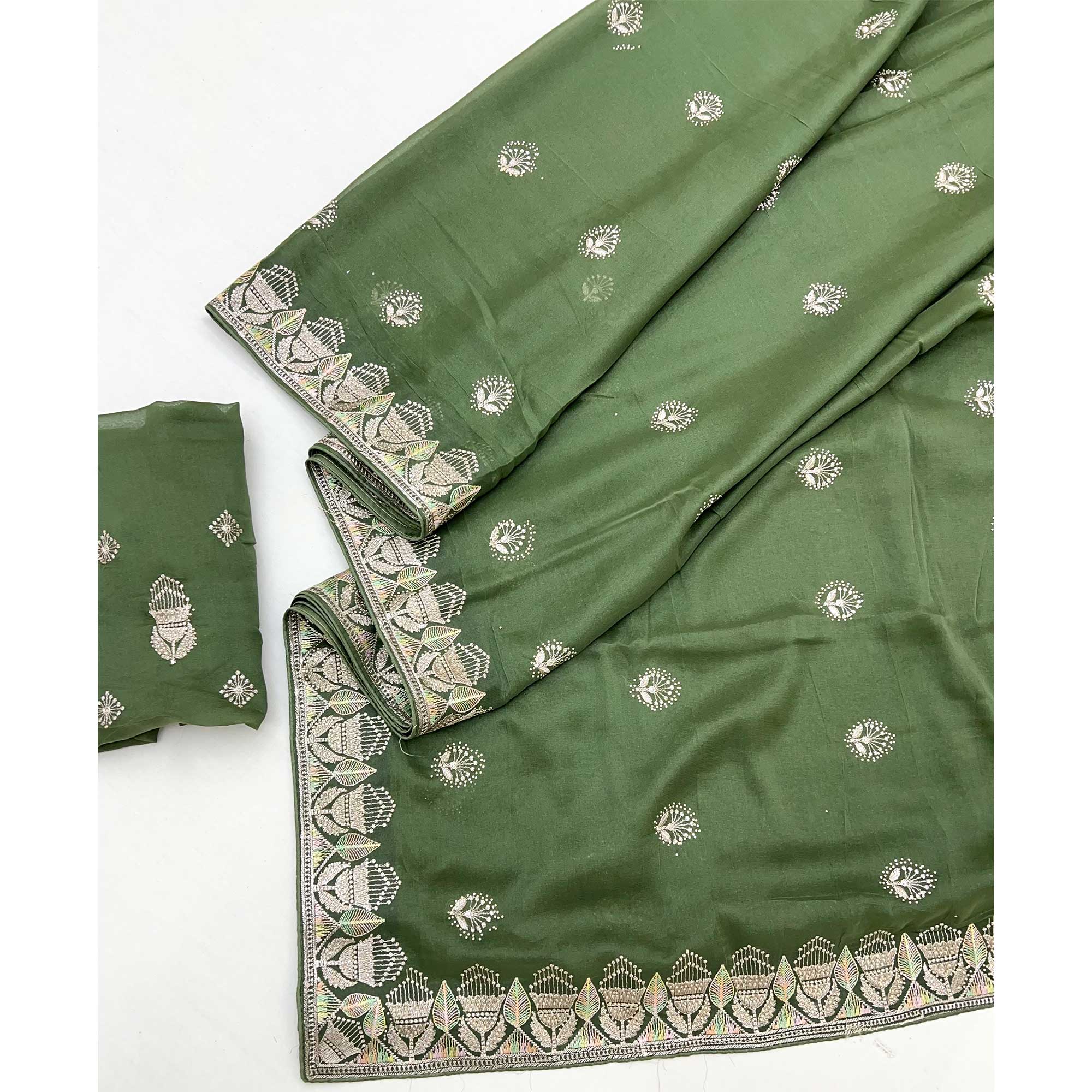 Green Star Georgette Saree with Intricate Floral Embroidery Work