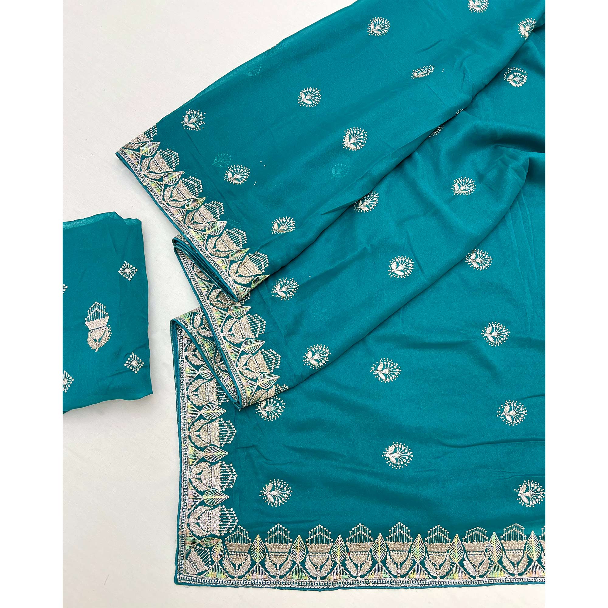 Teal Star Georgette Saree with Intricate Floral Embroidery Work