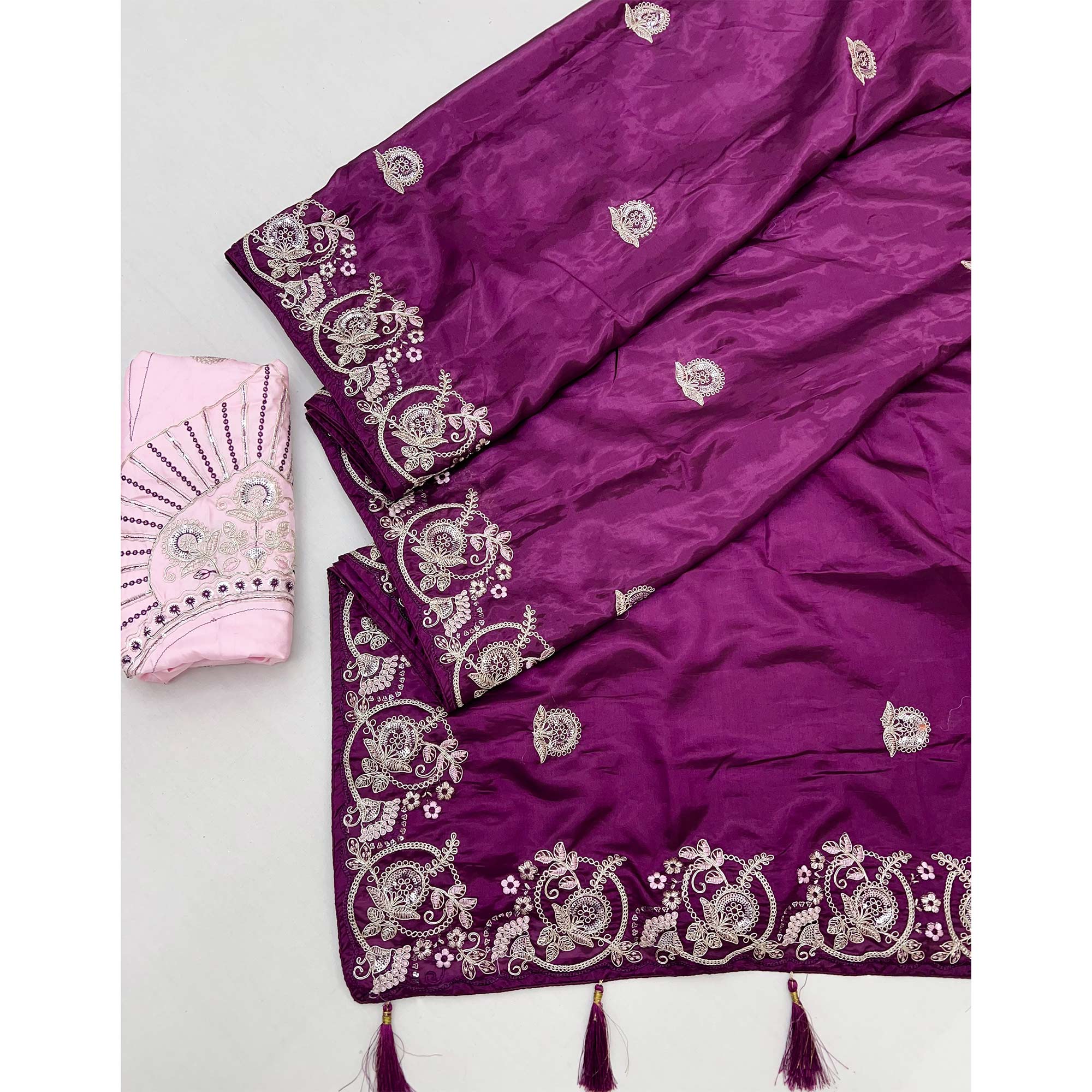 Purple Embroidered Satin Saree with Smooth Texture and Graceful Festive Appeal