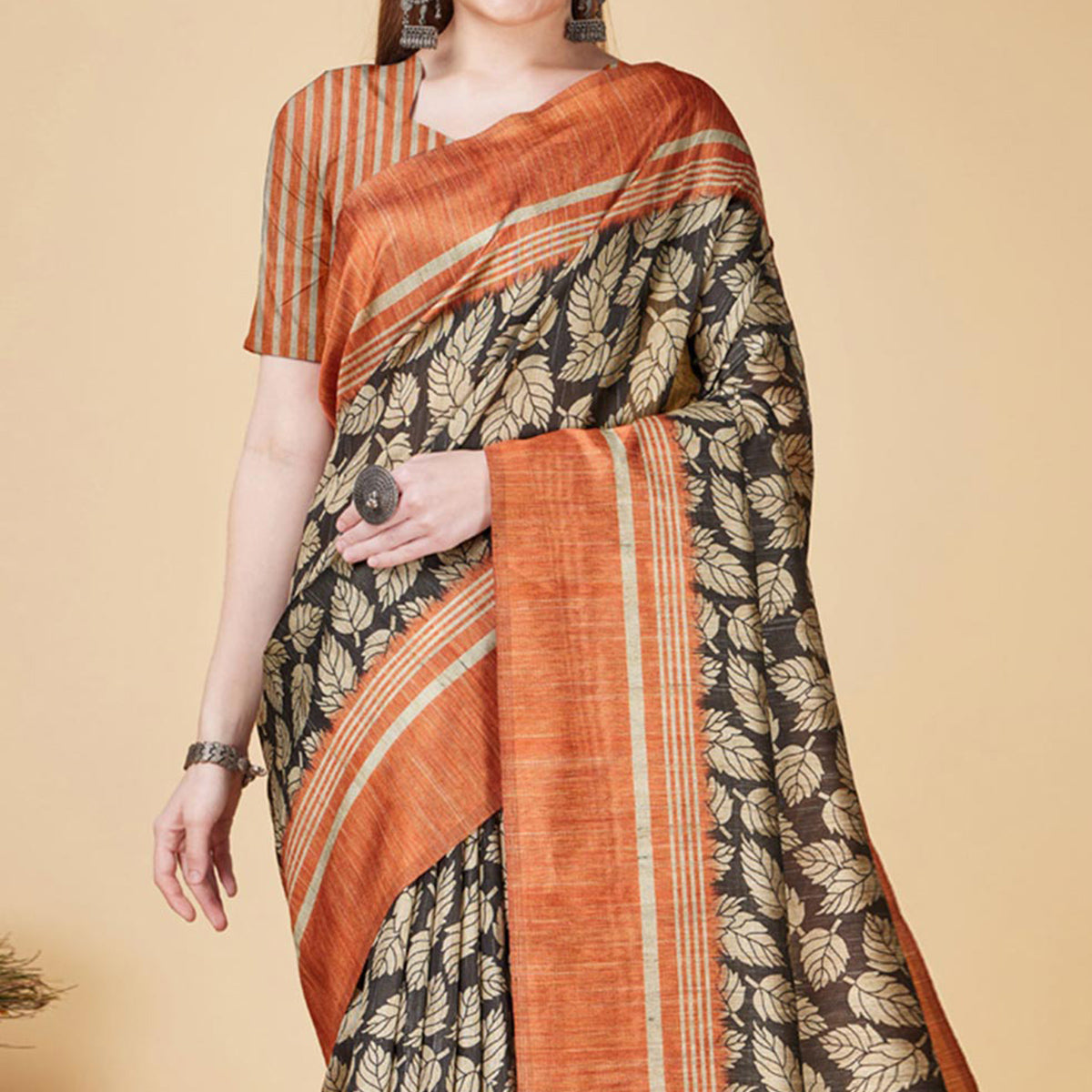 Black & Rust Printed Bhagalpuri Silk Saree With Tassels