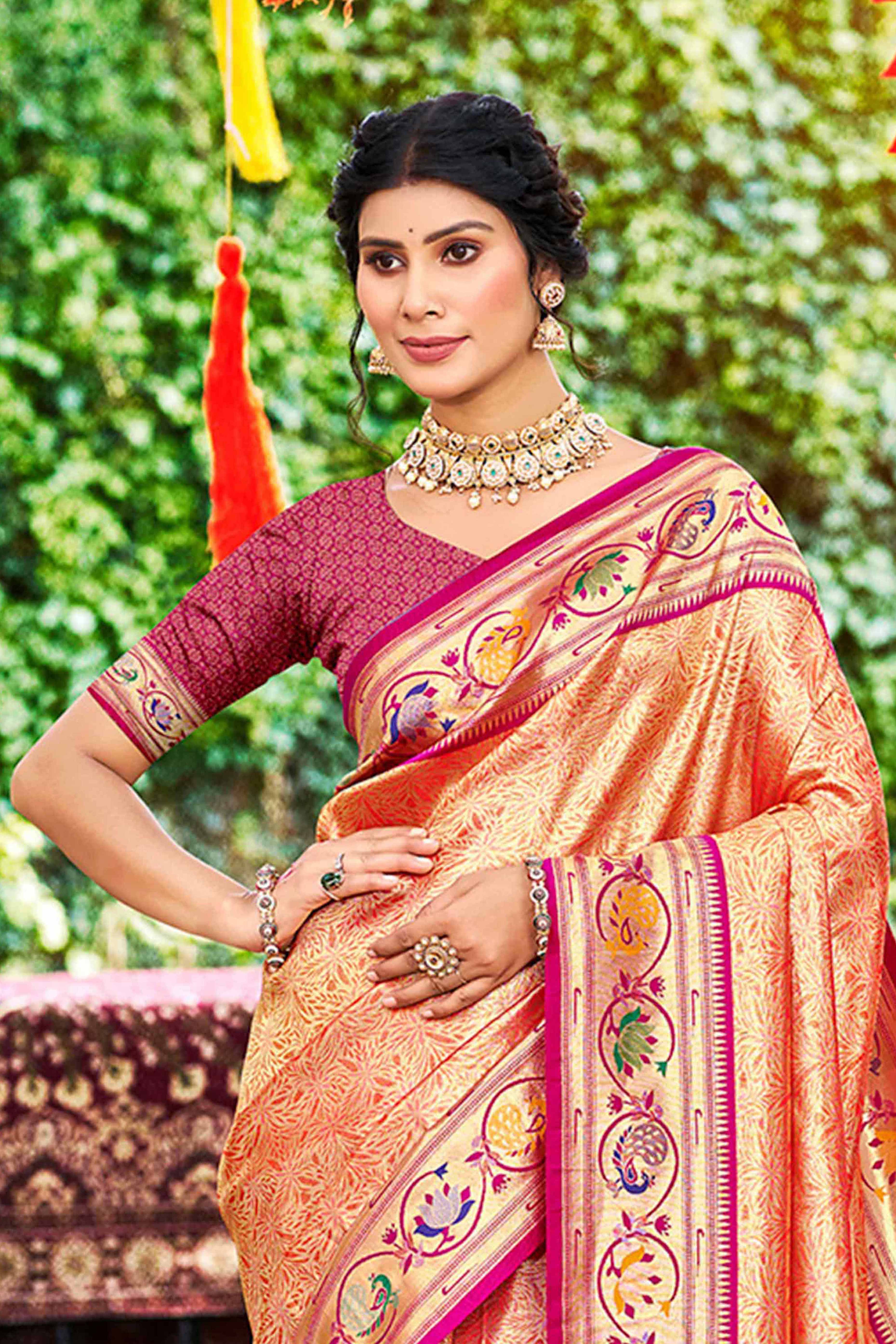Elegant Orange Weaving Silk Blend Saree With Stunning Peacock Border & Artistic Parrot Motif Pallu