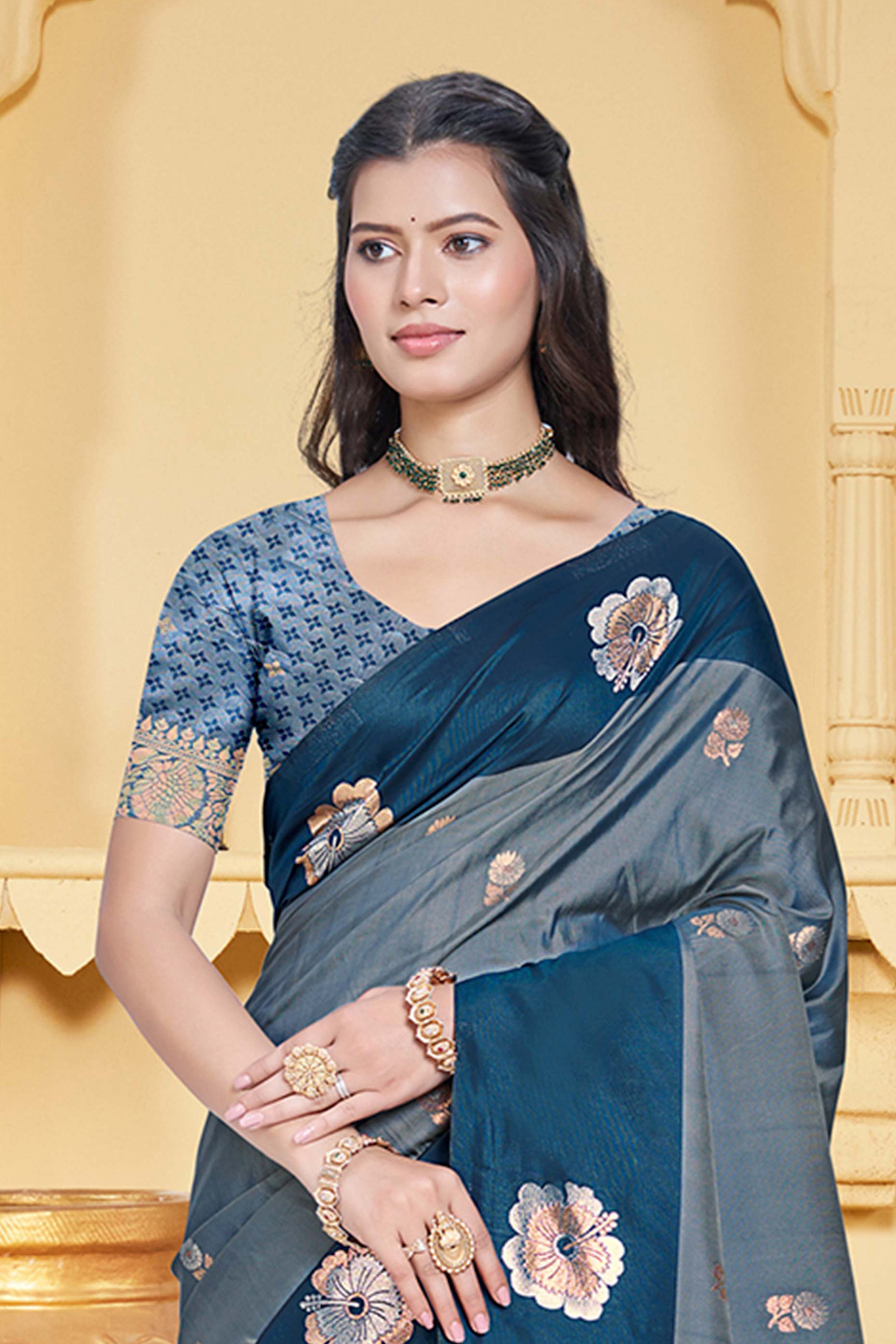 Charming Morpich Blue Floral Zari Weaving Silk Blend Saree Enhanced With Stylish Tassel Pallu