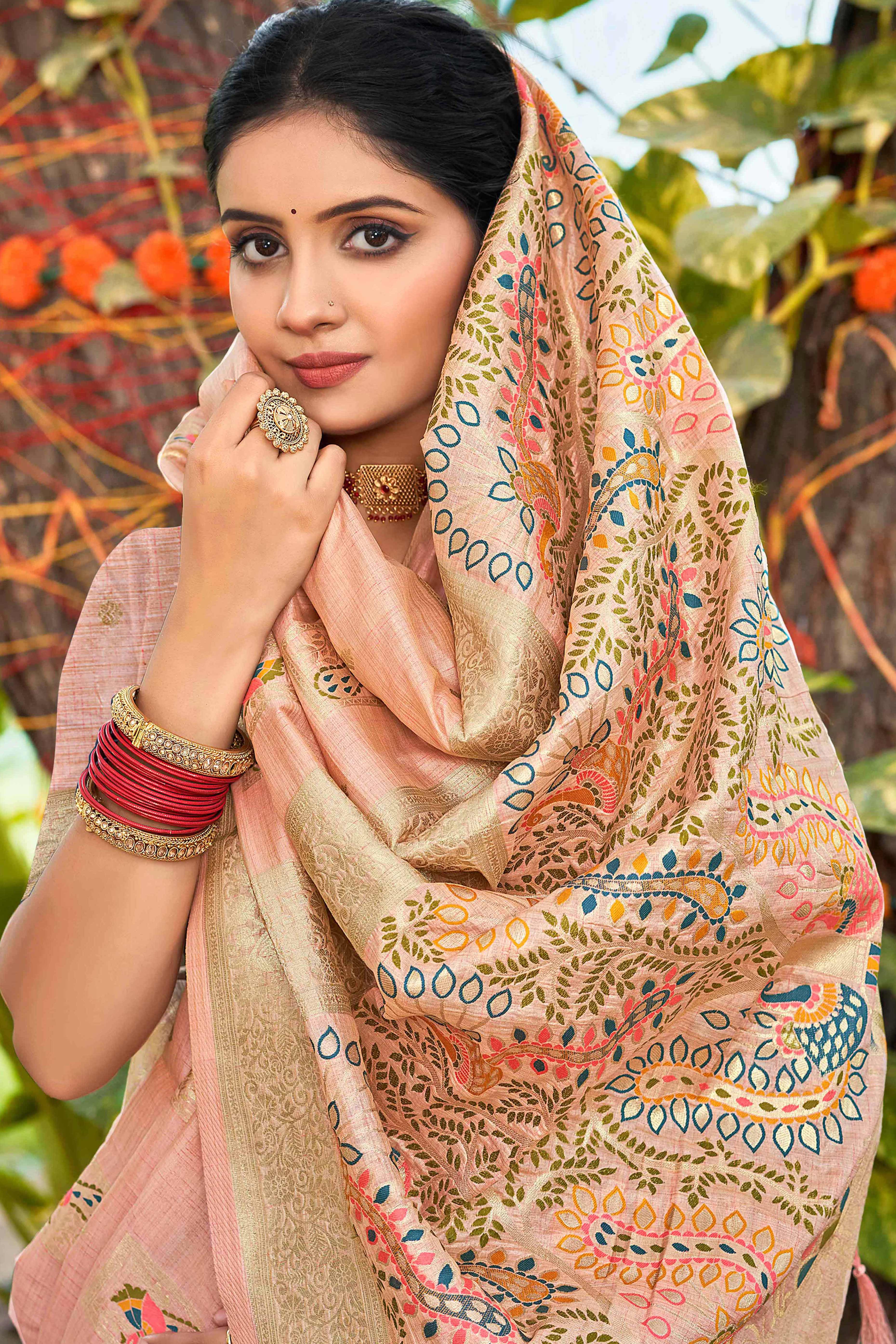 Light Pink Floral & Peacock Motif Zari Woven Assam Silk Blend Saree With Graceful Tassel Pallu
