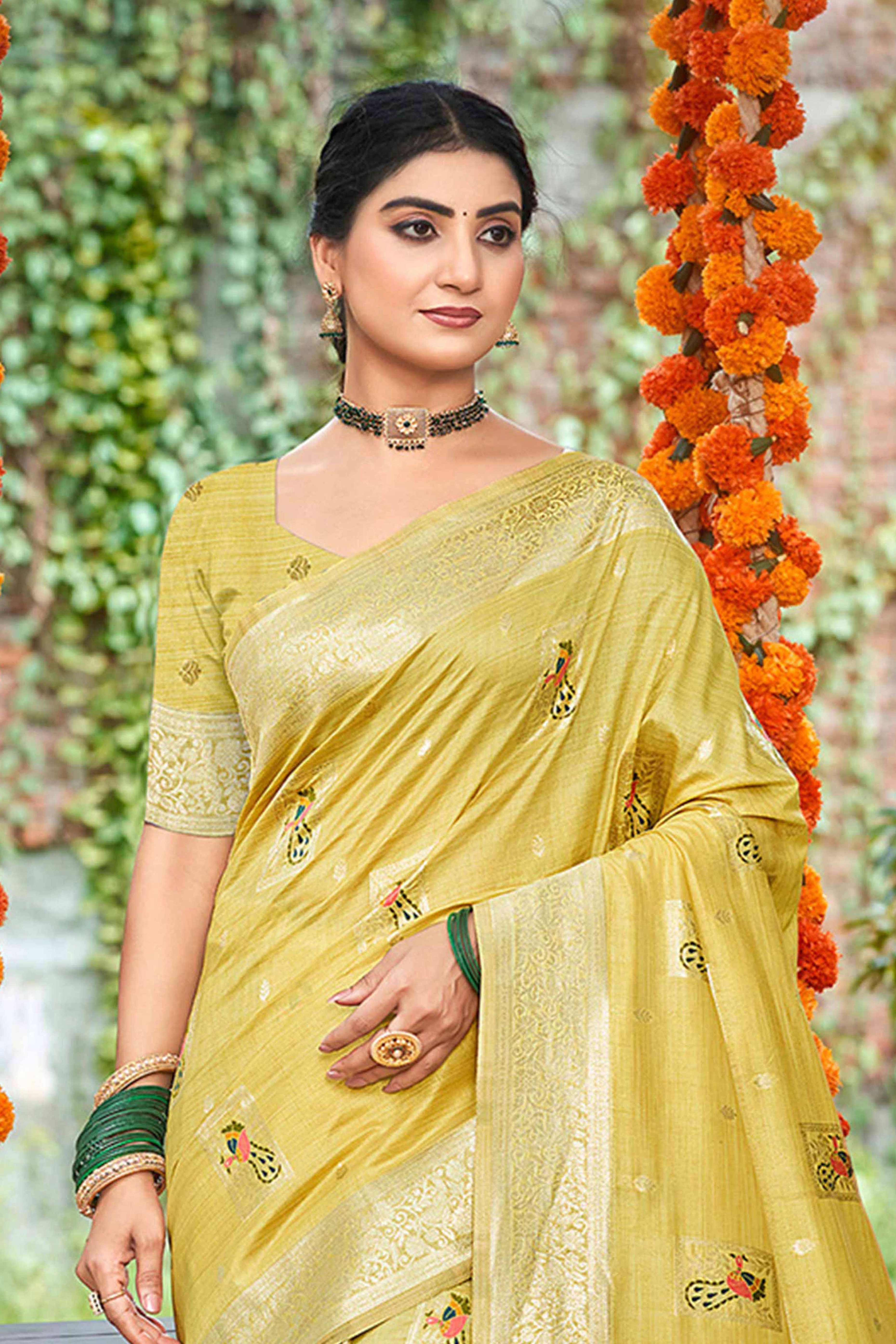Yellow Floral & Peacock Motif Zari Woven Assam Silk Blend Saree With Graceful Tassel Pallu