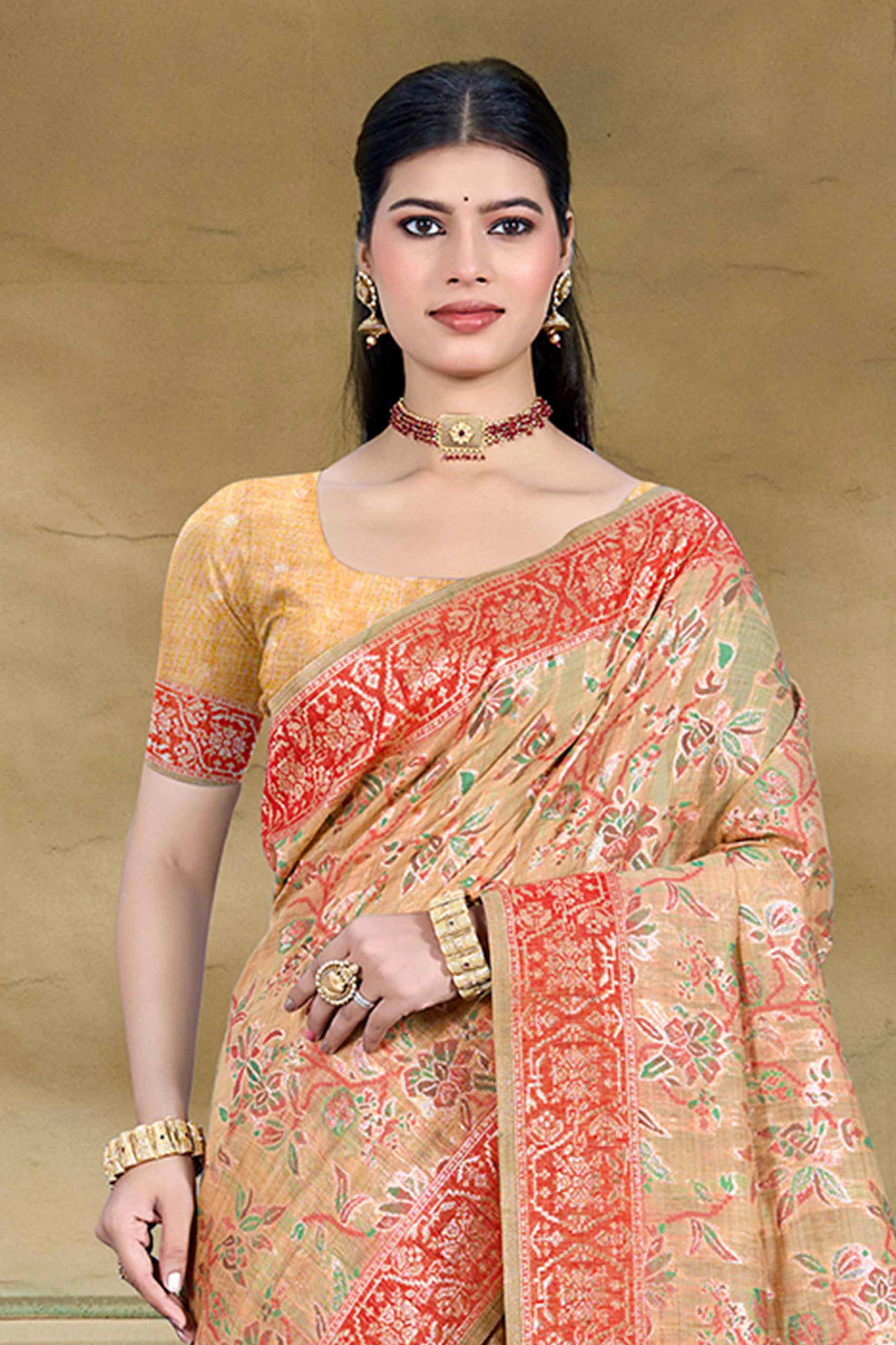 Alluring Light Peach Floral Zari Weaving Cotton Silk Saree With Graceful Tassel Pallu