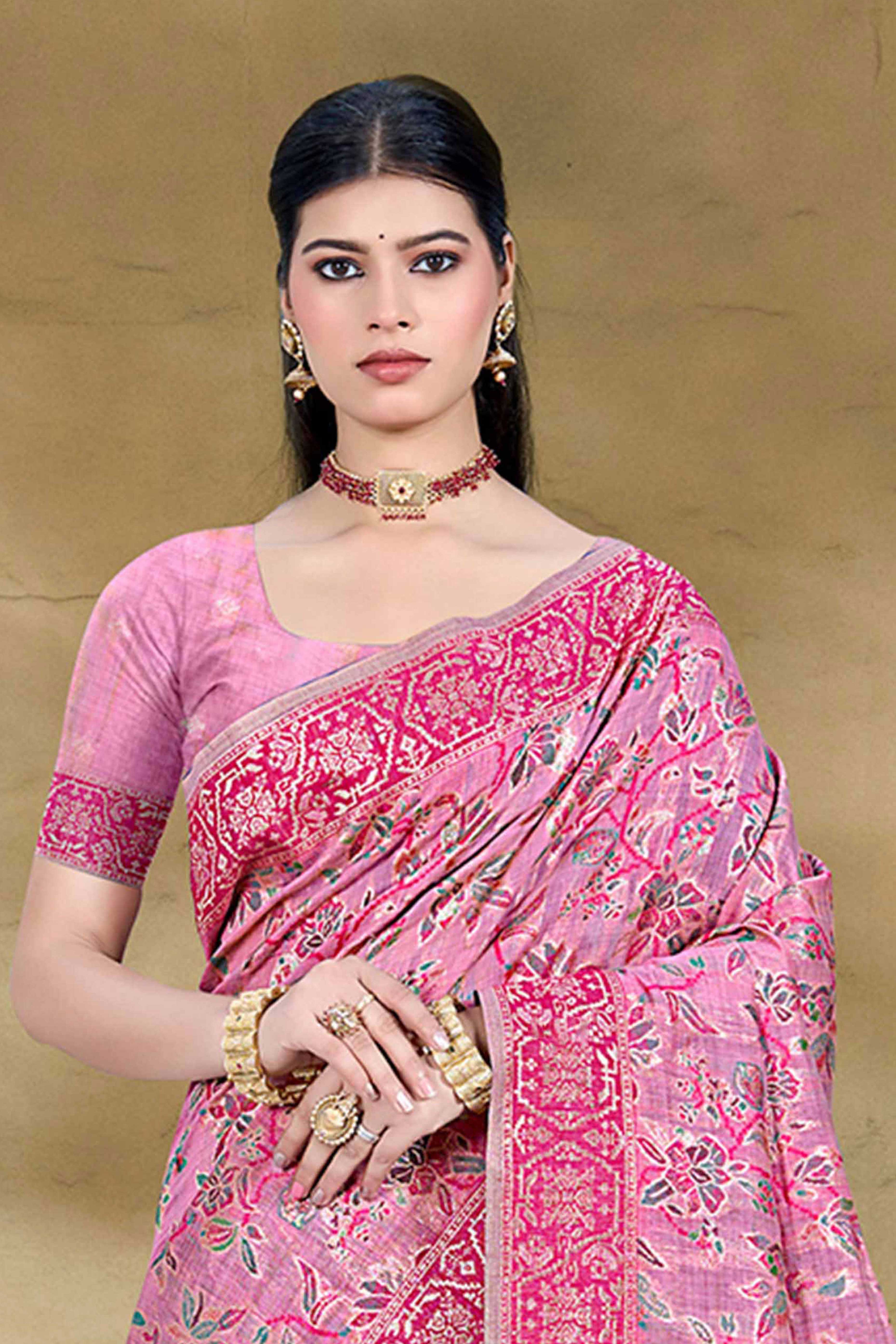 Alluring Pink Floral Zari Weaving Cotton Silk Saree With Graceful Tassel Pallu