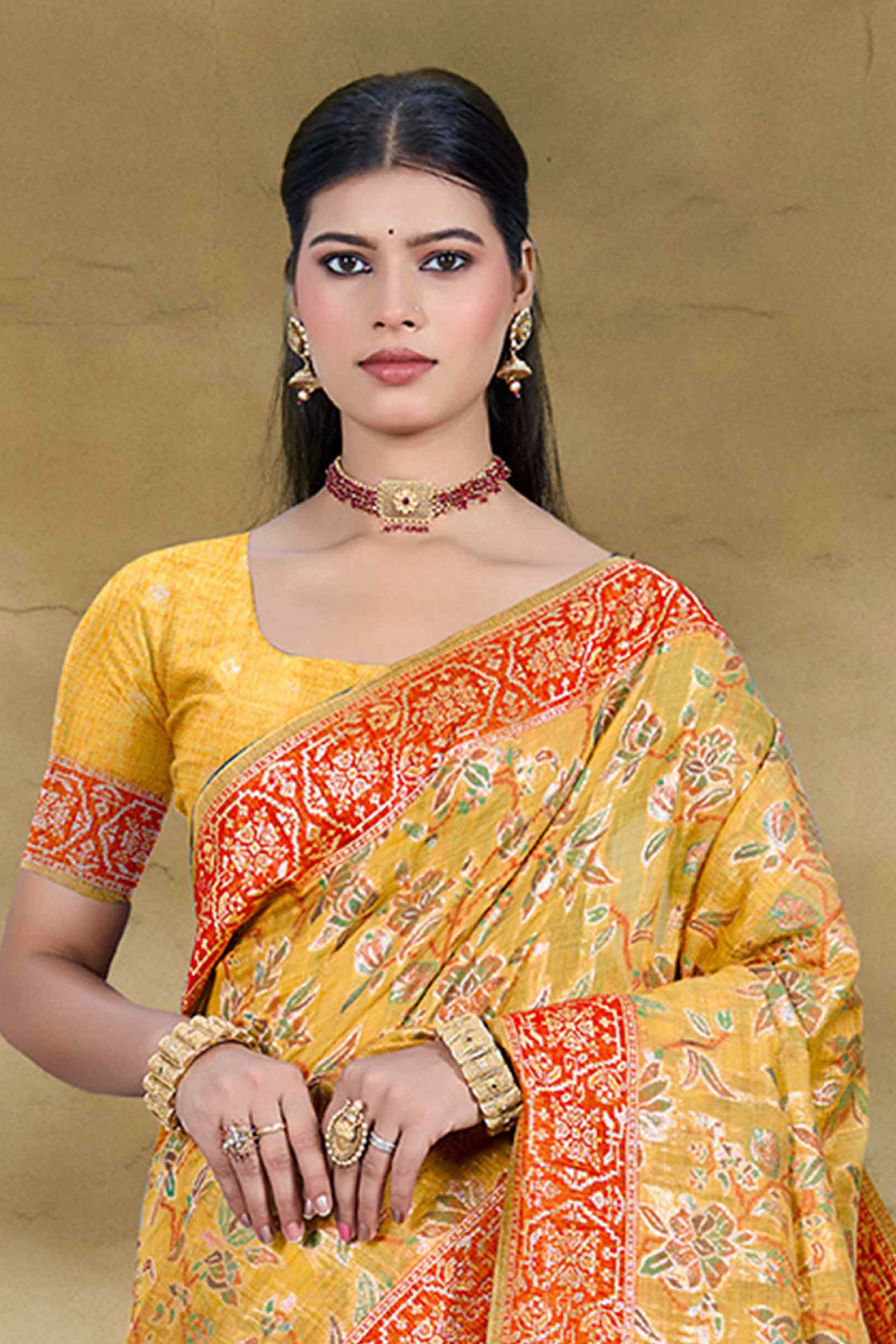 Alluring Mustard Floral Zari Weaving Cotton Silk Saree With Graceful Tassel Pallu