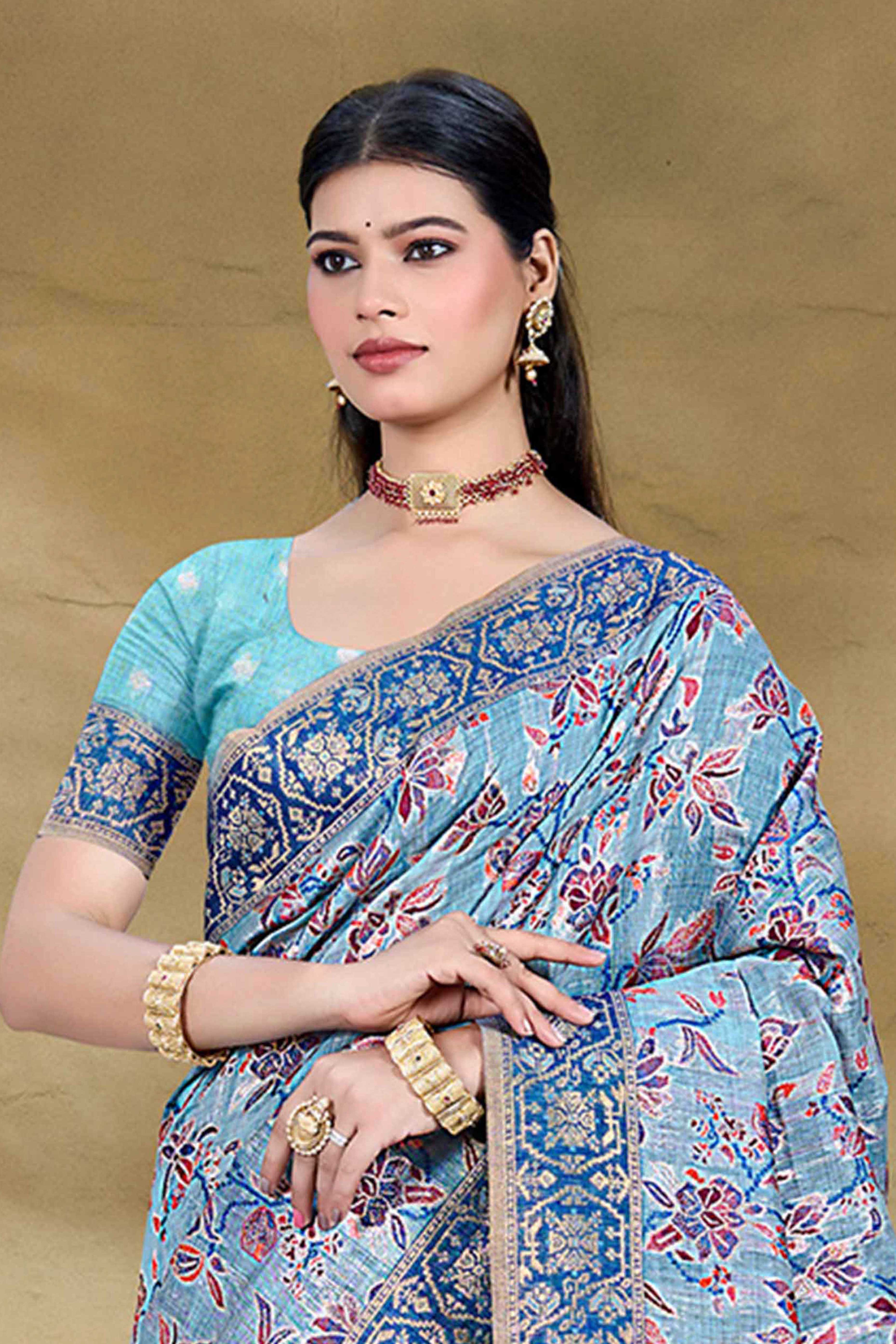 Alluring Blue Floral Zari Weaving Cotton Silk Saree With Graceful Tassel Pallu