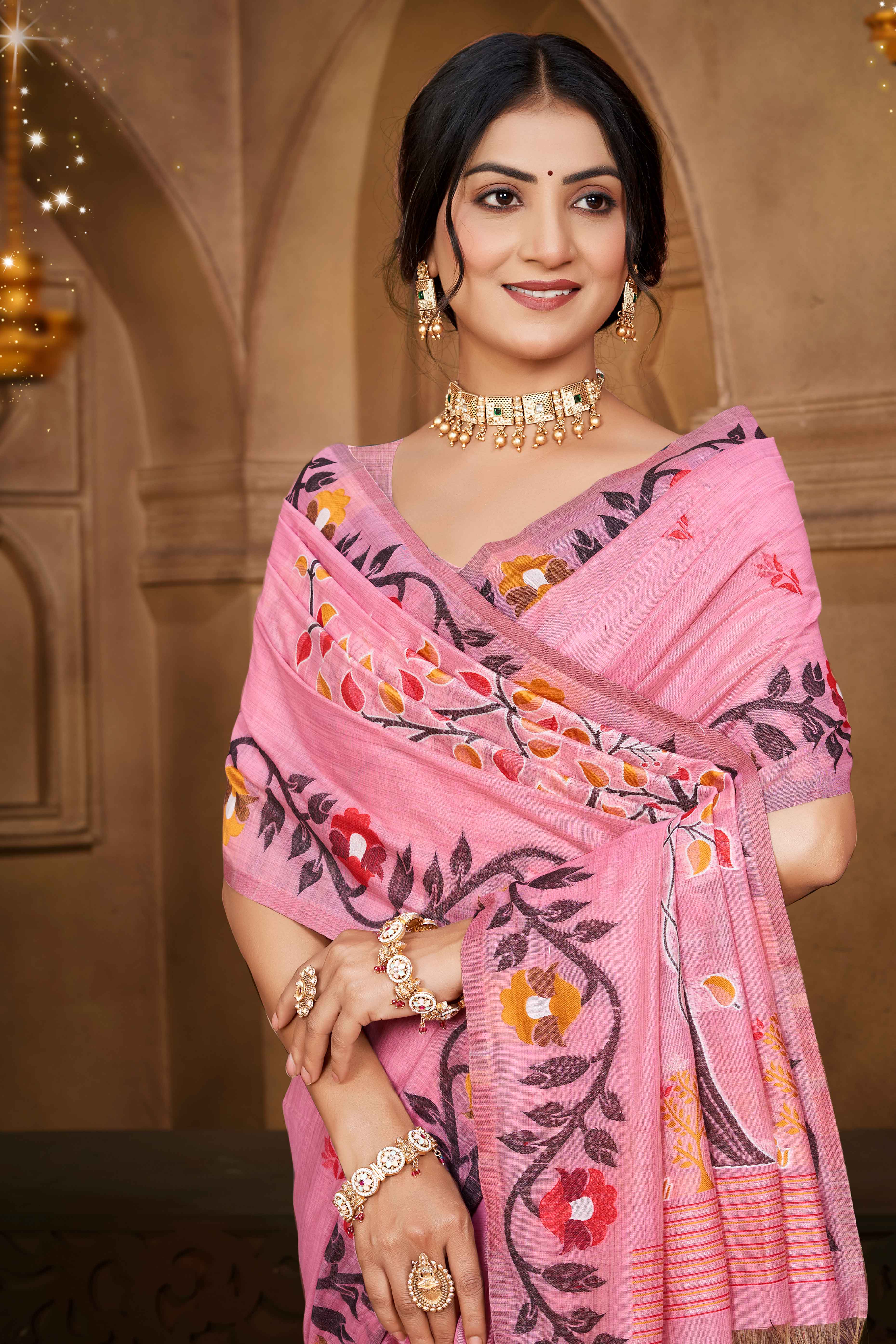 Charming Pink Floral Weaving Cotton Silk Saree Enhanced With Tree Motif Pallu With Tassel
