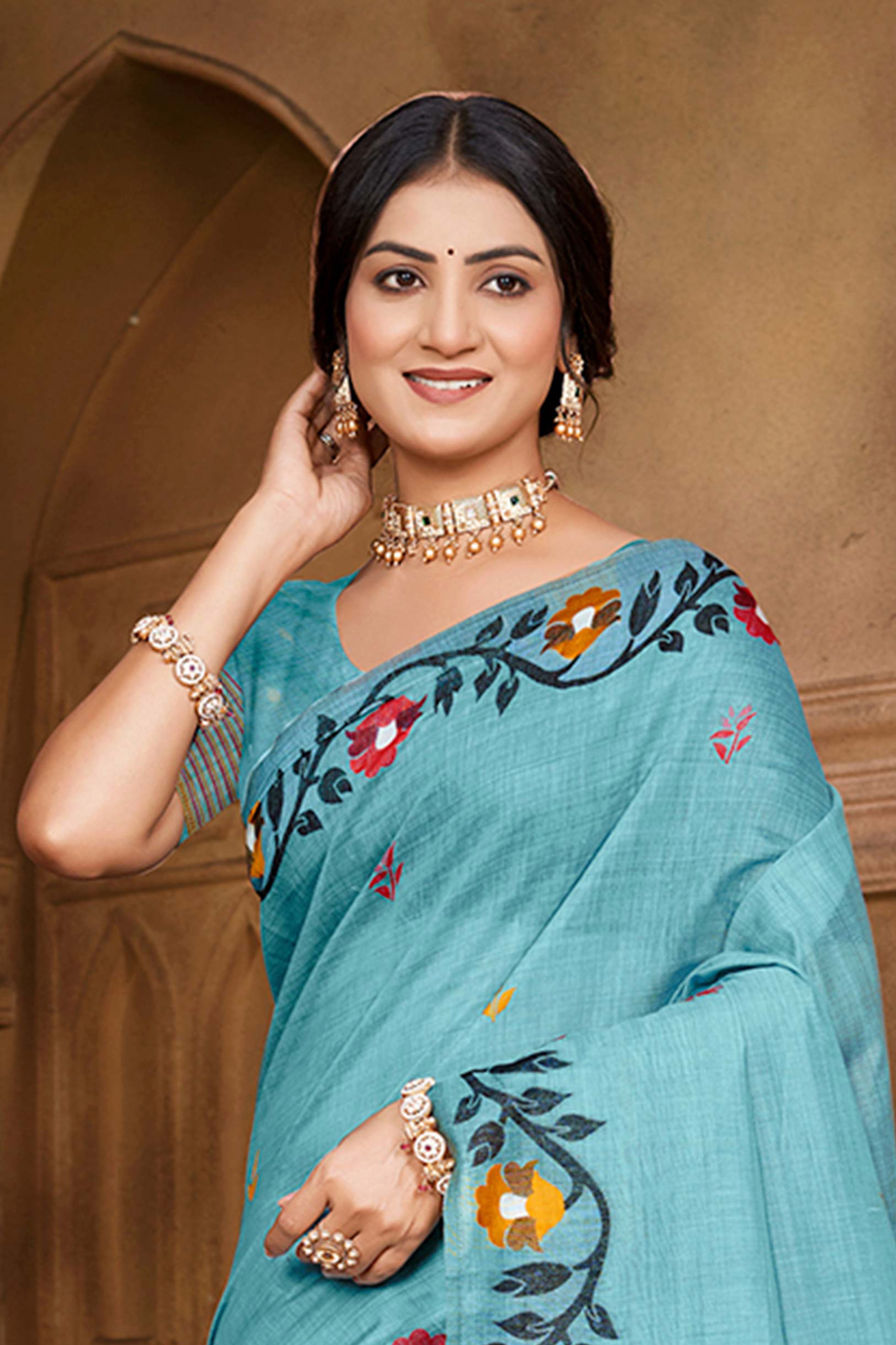 Charming Blue Floral Weaving Cotton Silk Saree Enhanced With Tree Motif Pallu With Tassel