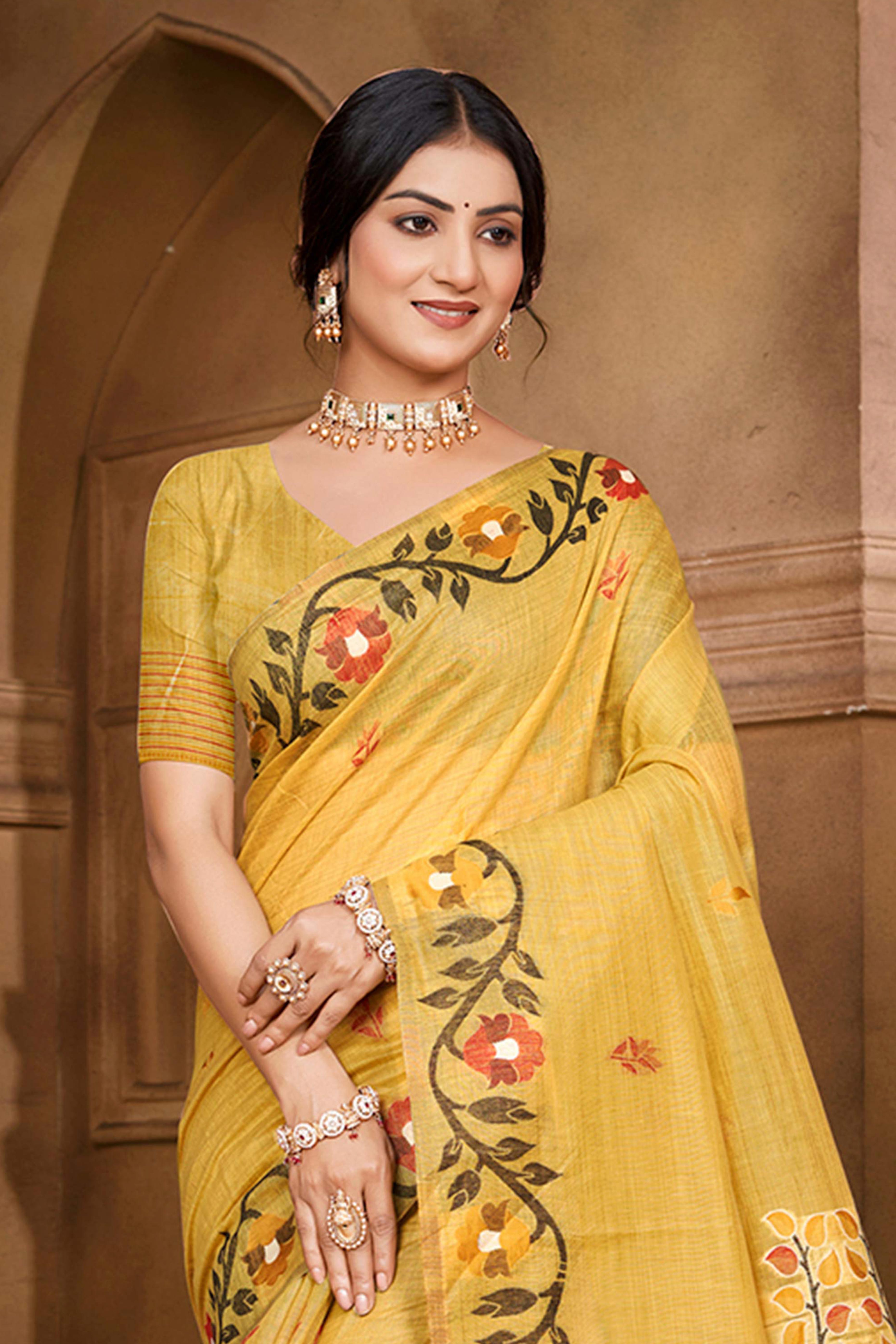 Charming Mustard Floral Weaving Cotton Silk Saree Enhanced With Tree Motif Pallu With Tassel