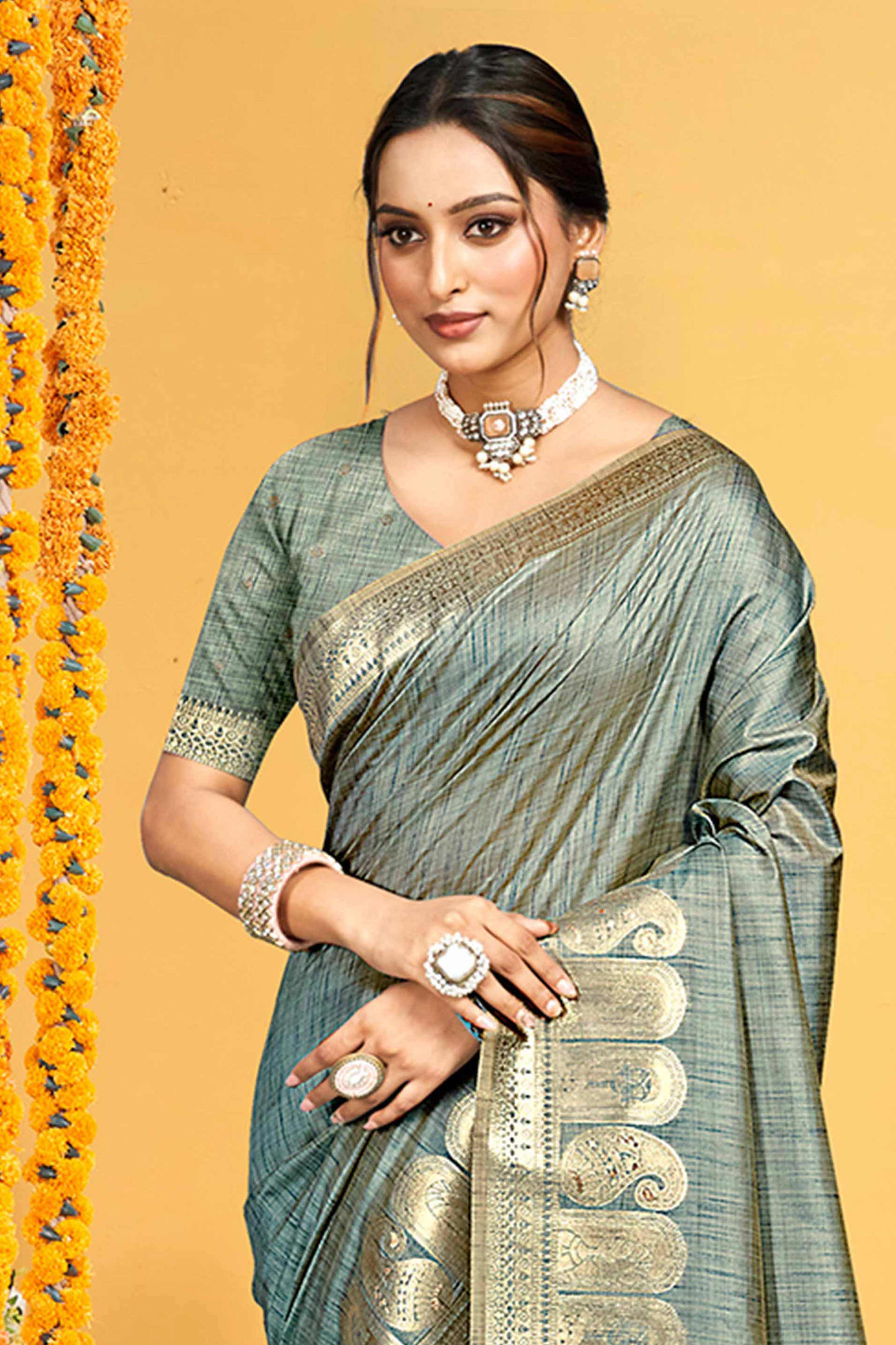 Classic Teal Floral & Paisley Design Weaving Assam Silk Blend Saree With Tassel Pallu