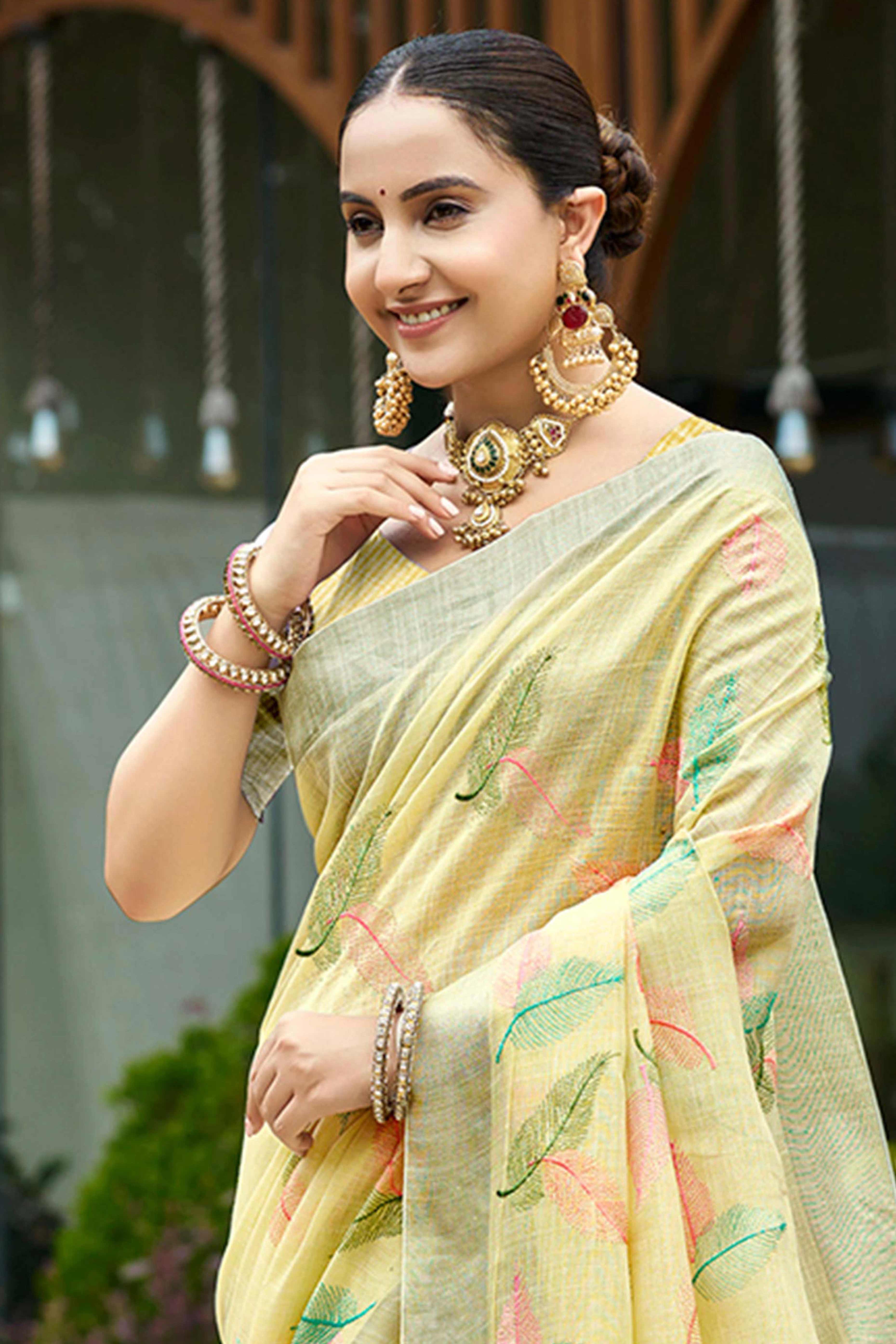 Exquisite Yellow Leaf Motif Thread Embroidered Linen Saree With Elegant Weaving Border