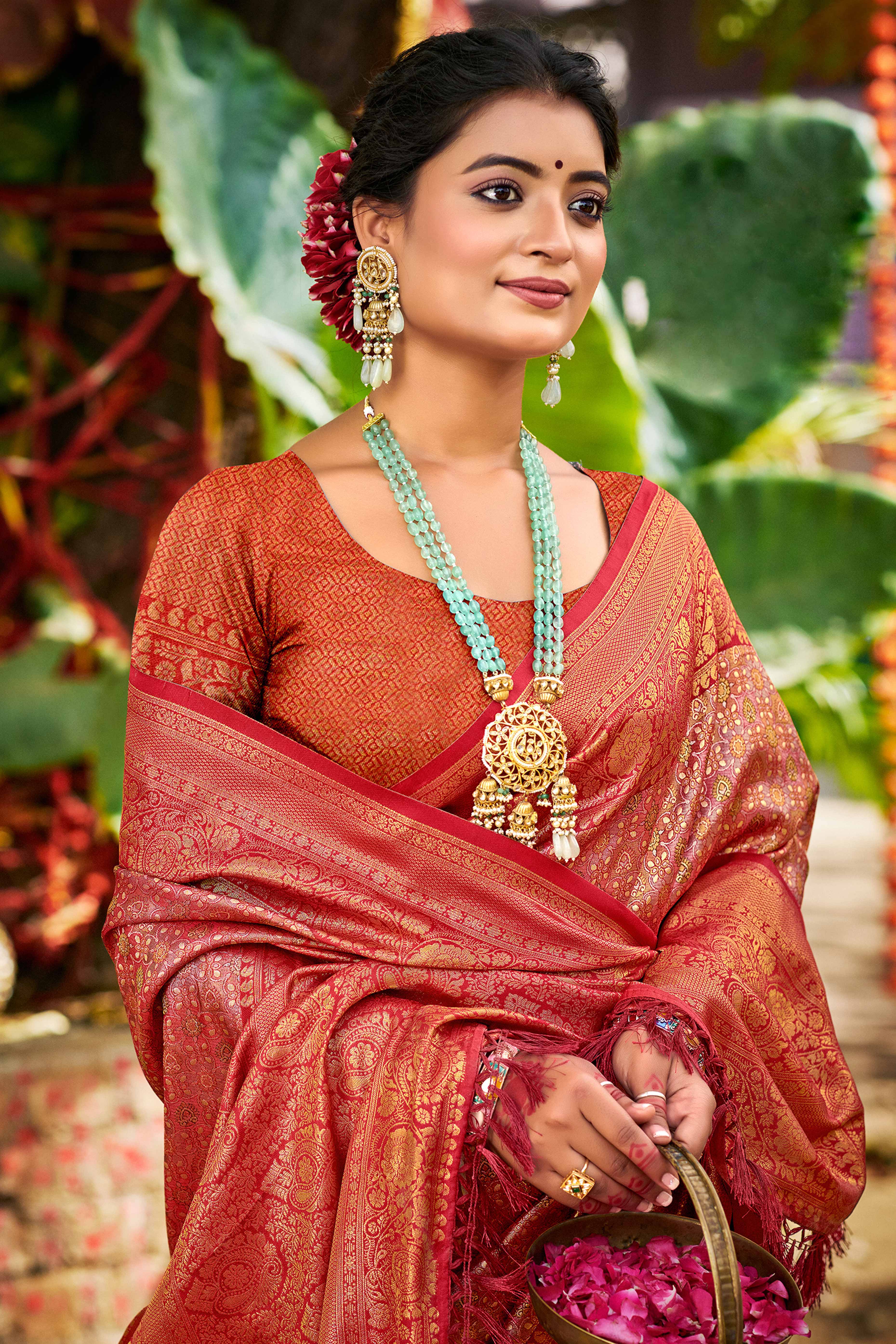 Pink Traditional Silk Blend Dharmavaram Saree With Floral Weaves & Tassels Pallu