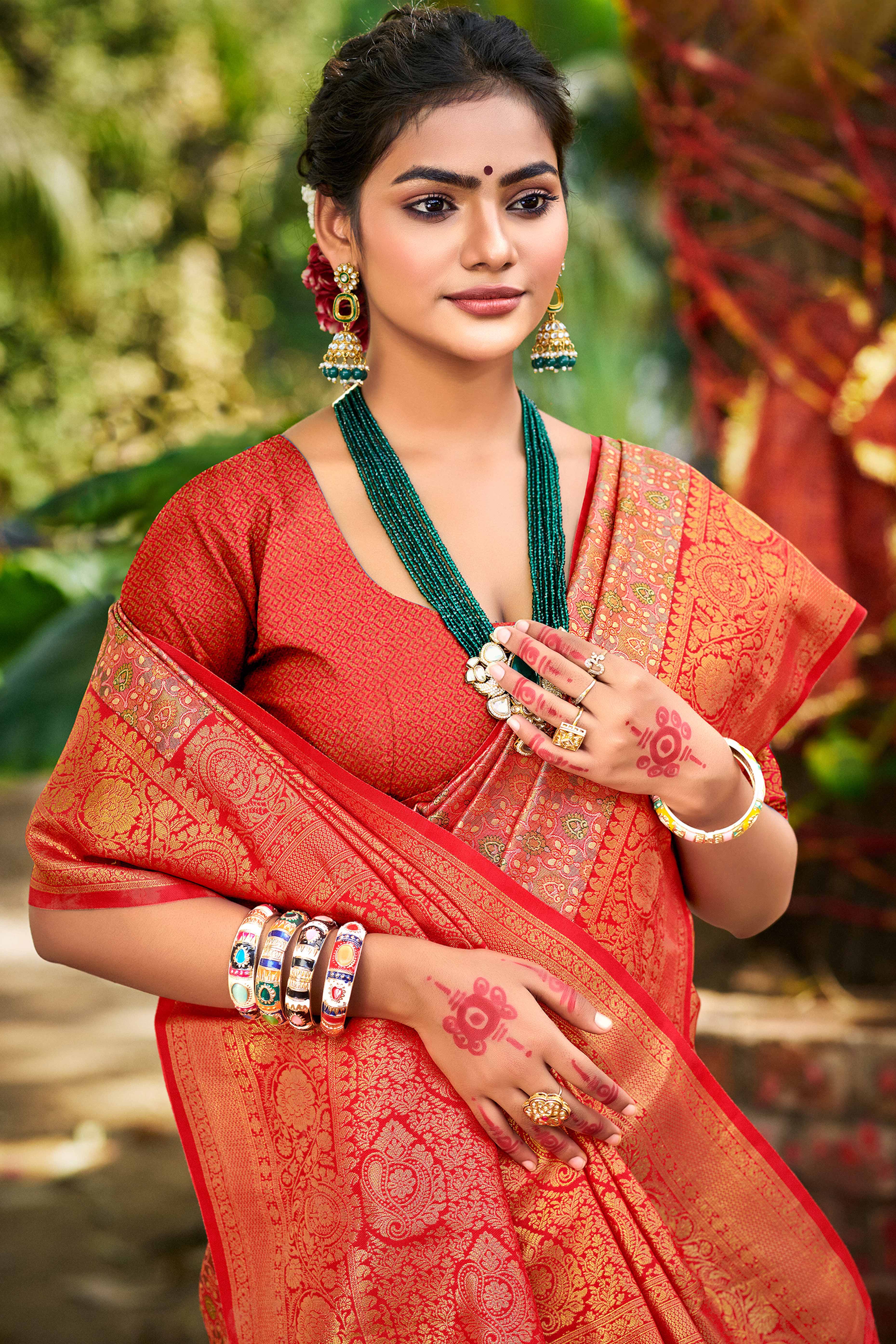 Red Traditional Silk Blend Dharmavaram Saree With Floral Weaves & Tassels Pallu