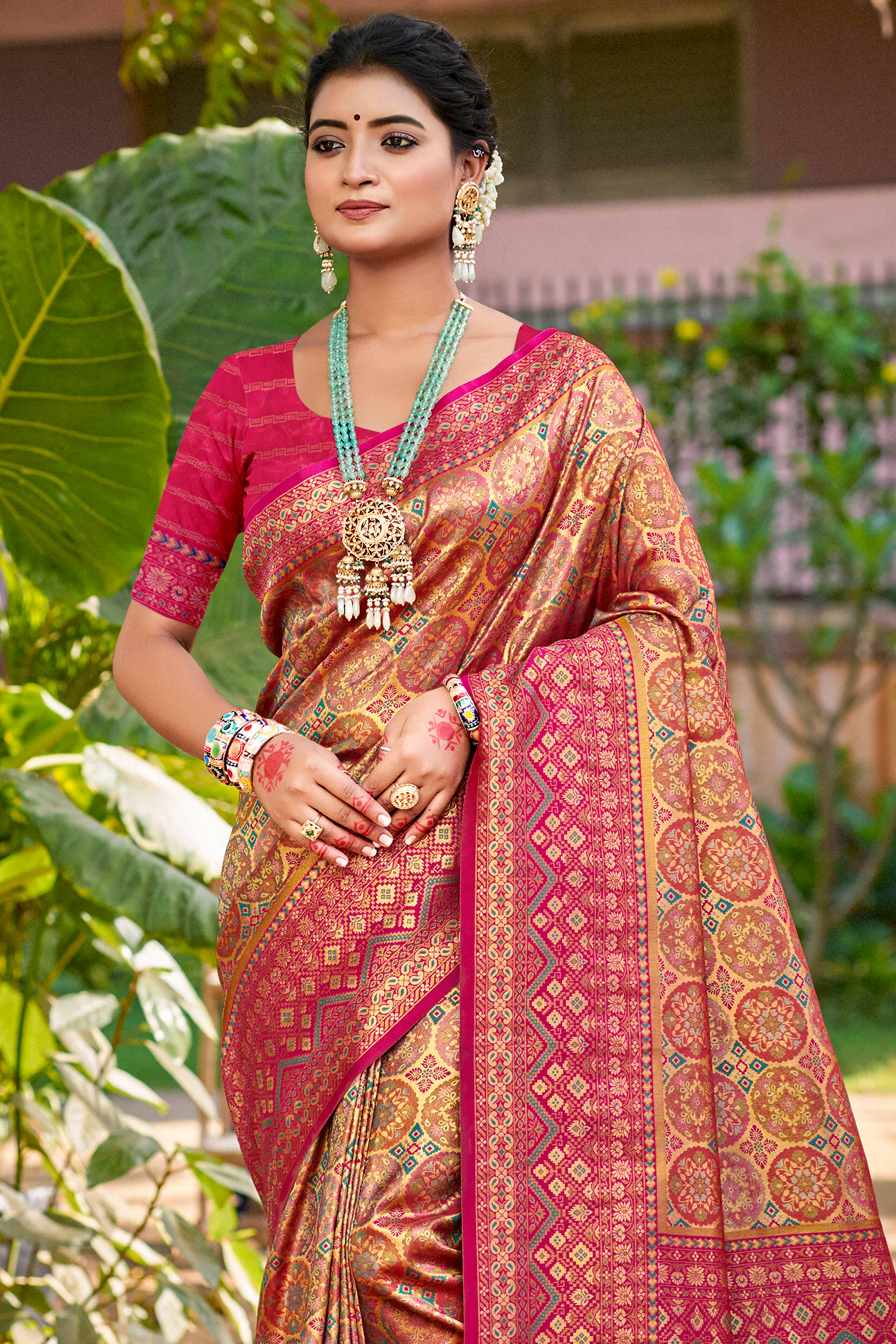 Floral Patterned Beige & Pink Woven Silk Blend Dharmavaram Saree With Tassel Elegance