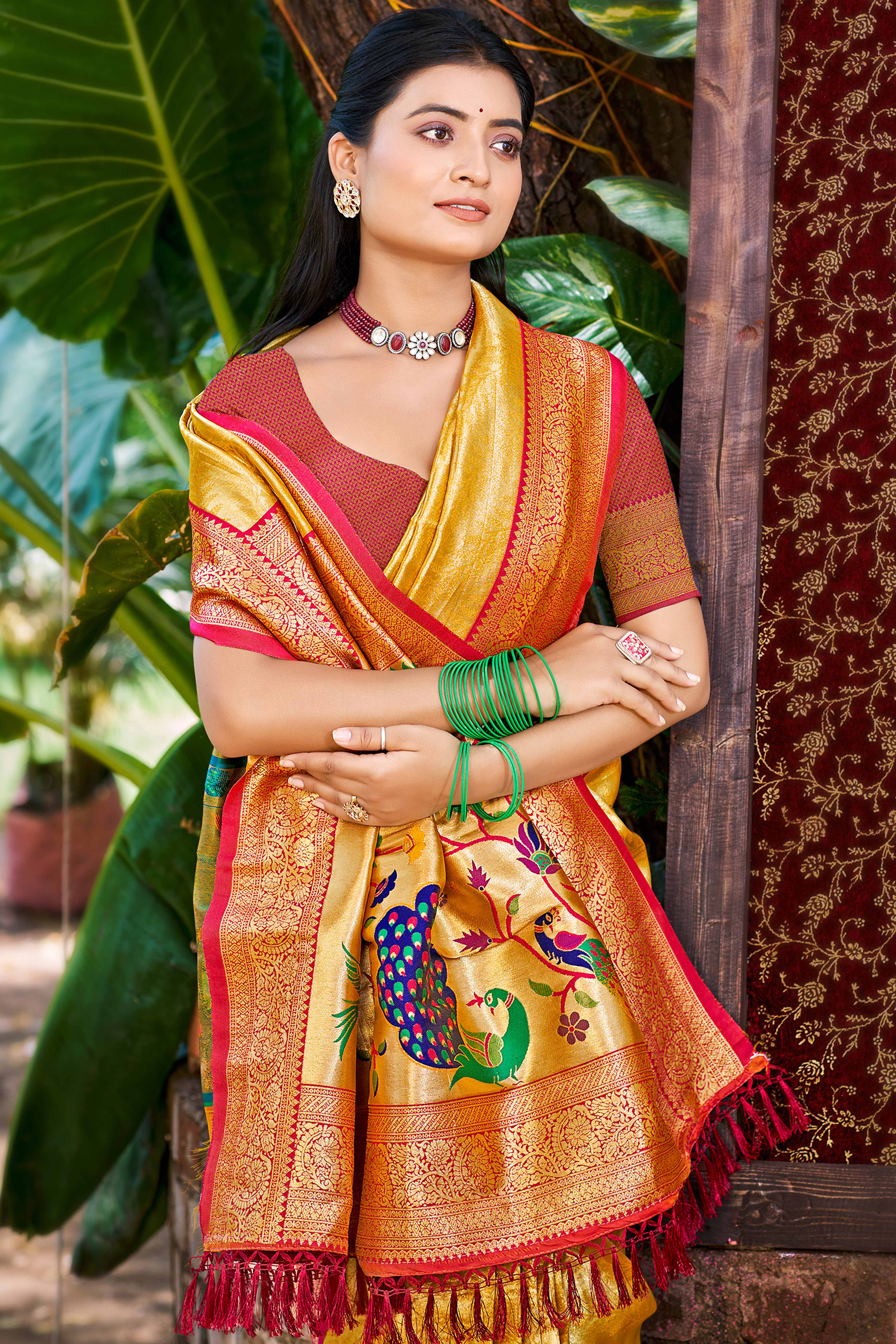 Mustard Kanjivaram Silk Paithani Saree With Exquisite Floral Woven Detailing