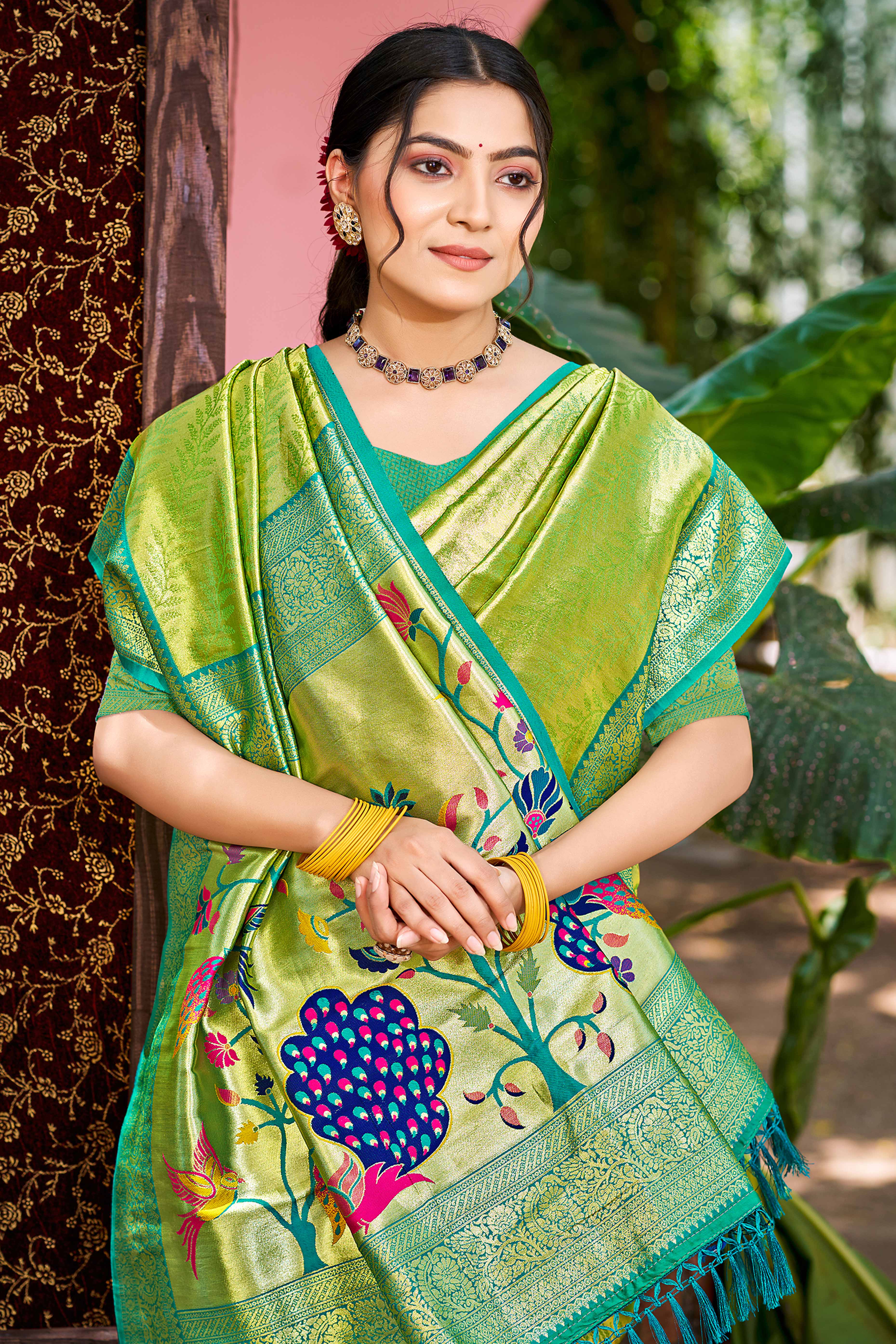 Parrot Green Kanjivaram Silk Paithani Saree With Exquisite Floral Woven Detailing