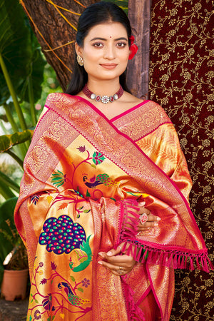 Orange Kanjivaram Silk Paithani Saree With Exquisite Floral Woven Detailing