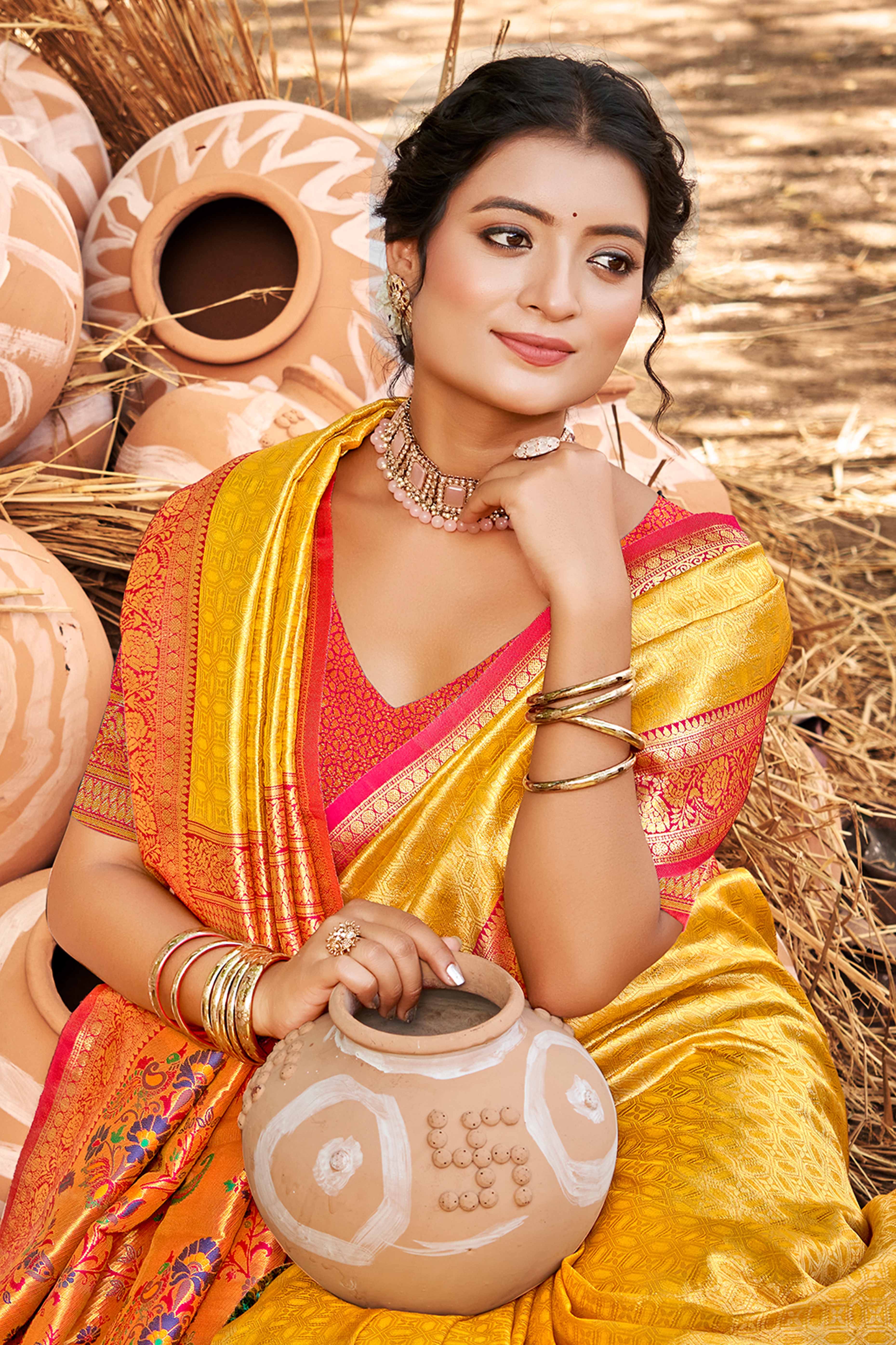 Mustard Paithani Saree In Kanjivaram Silk Adorned With Intricate Floral Weaving