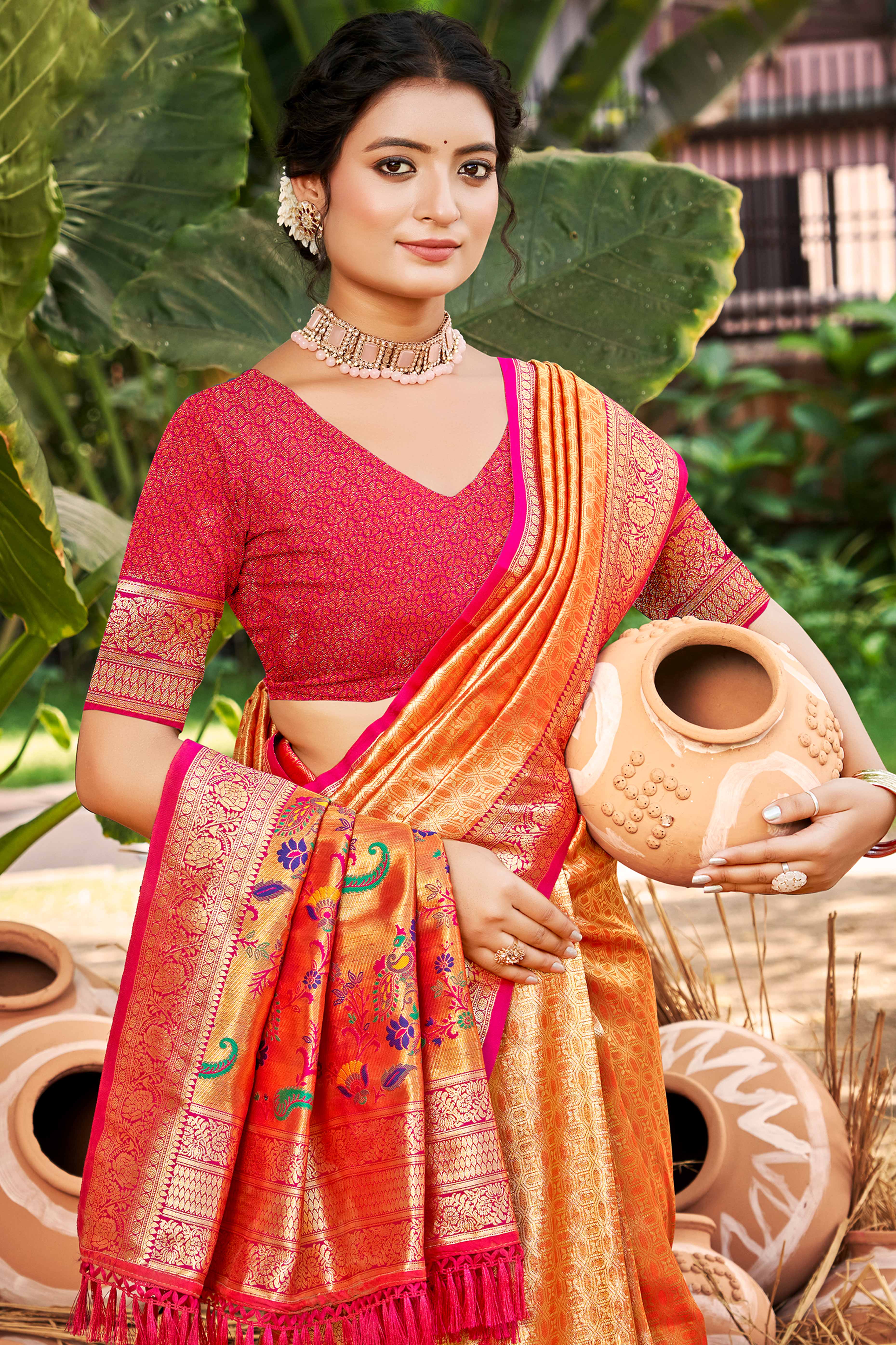 Orange Paithani Saree In Kanjivaram Silk Adorned With Intricate Floral Weaving