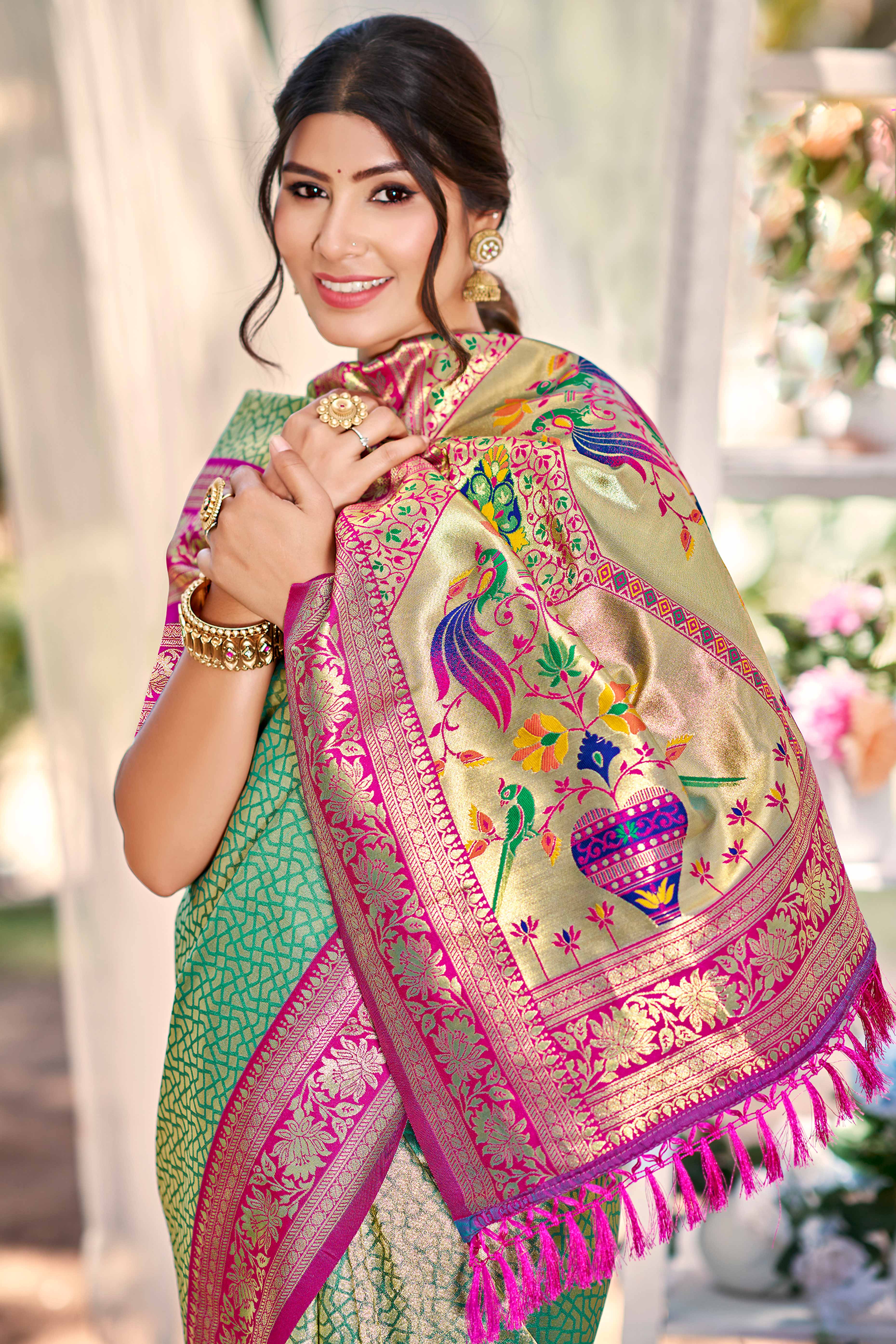 Rama Green Kanjivaram Silk Paithani Saree With Elegant Floral Weaving & Tassel Pallu