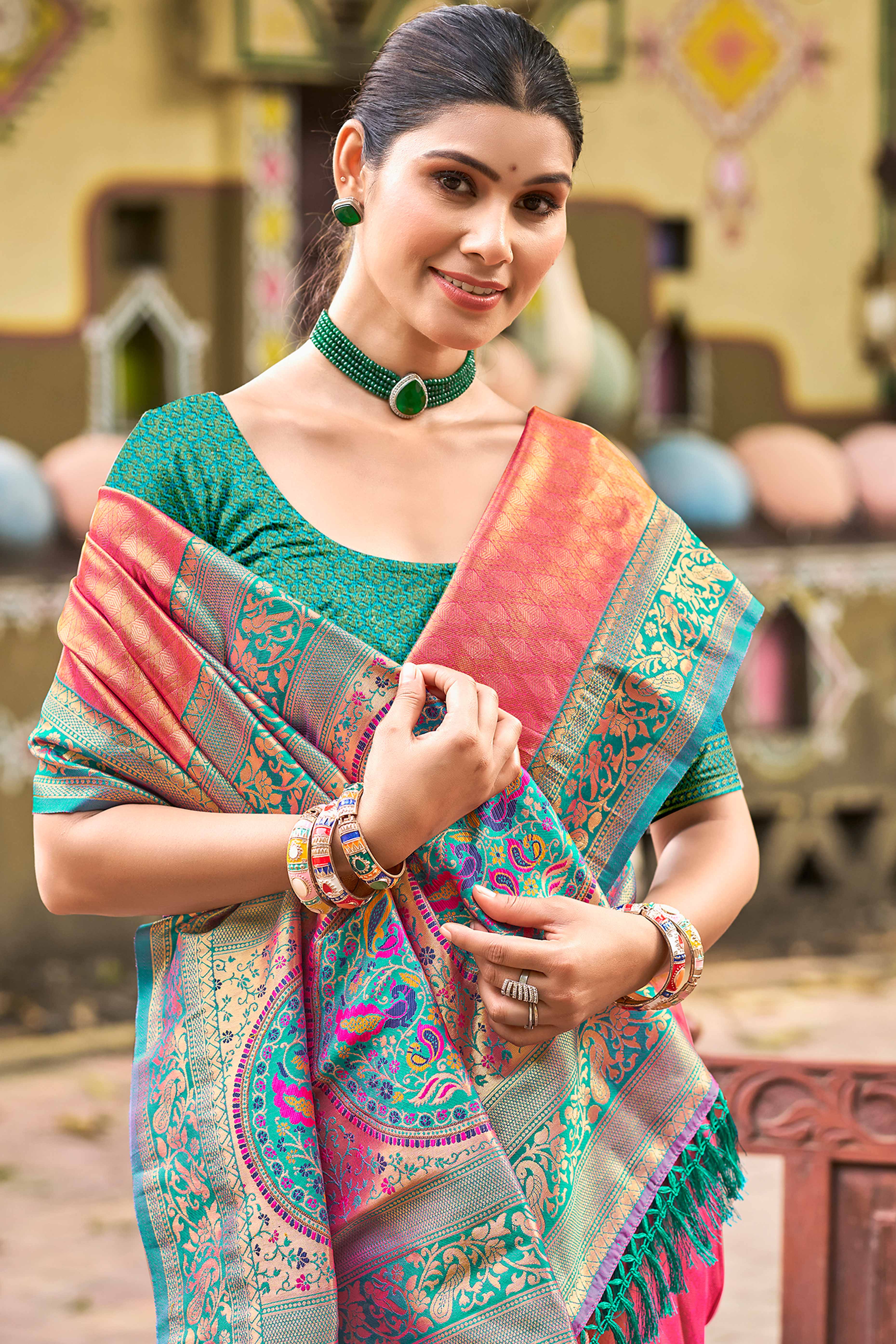 Gajari Pink Floral Woven Paithani Saree In Kanjivaram Silk With Graceful Tassel Pallu