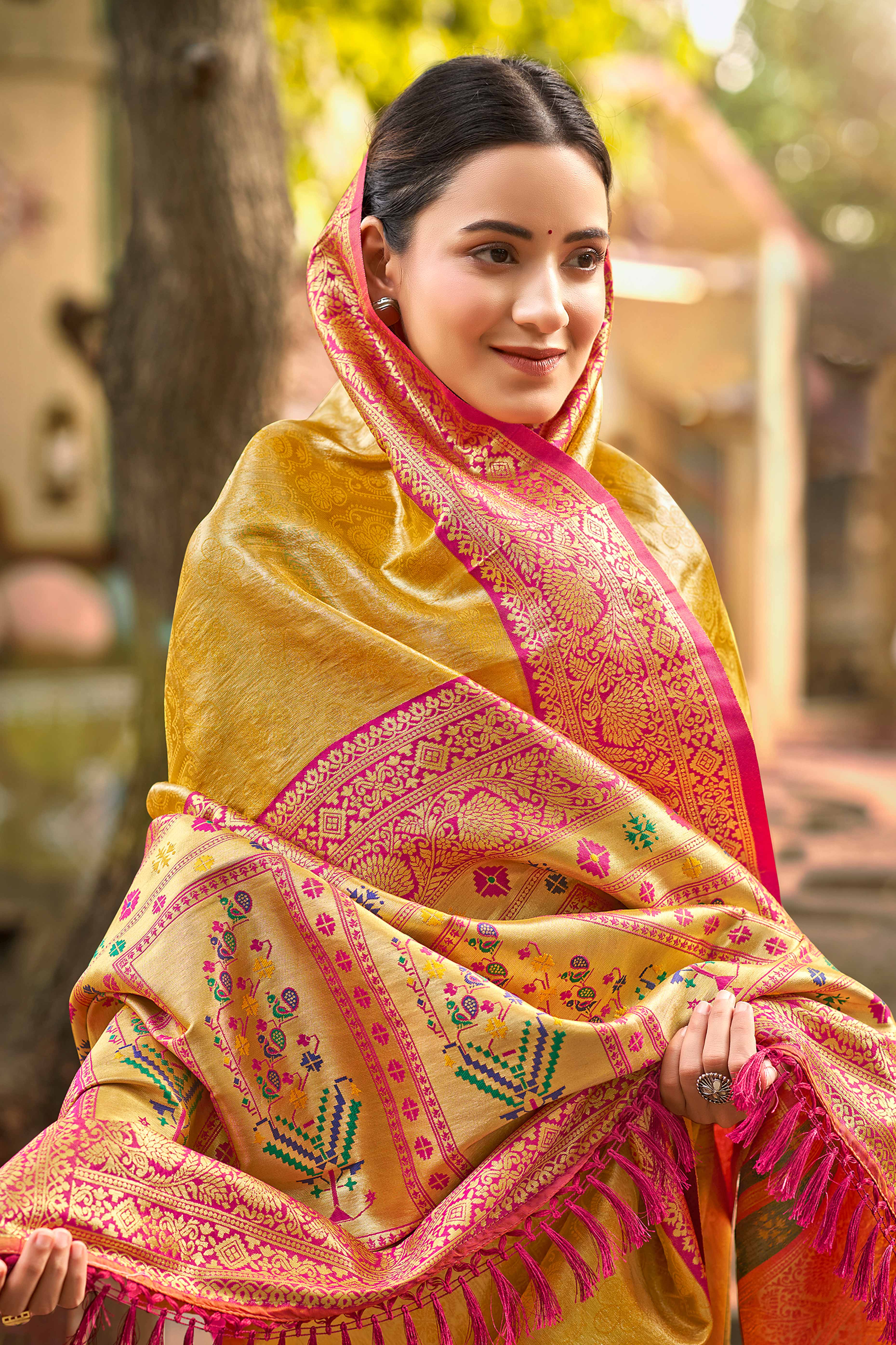 Mustard Paithani Saree In Kanjivaram Silk Featuring Floral Woven Motifs & Tassel Pallu