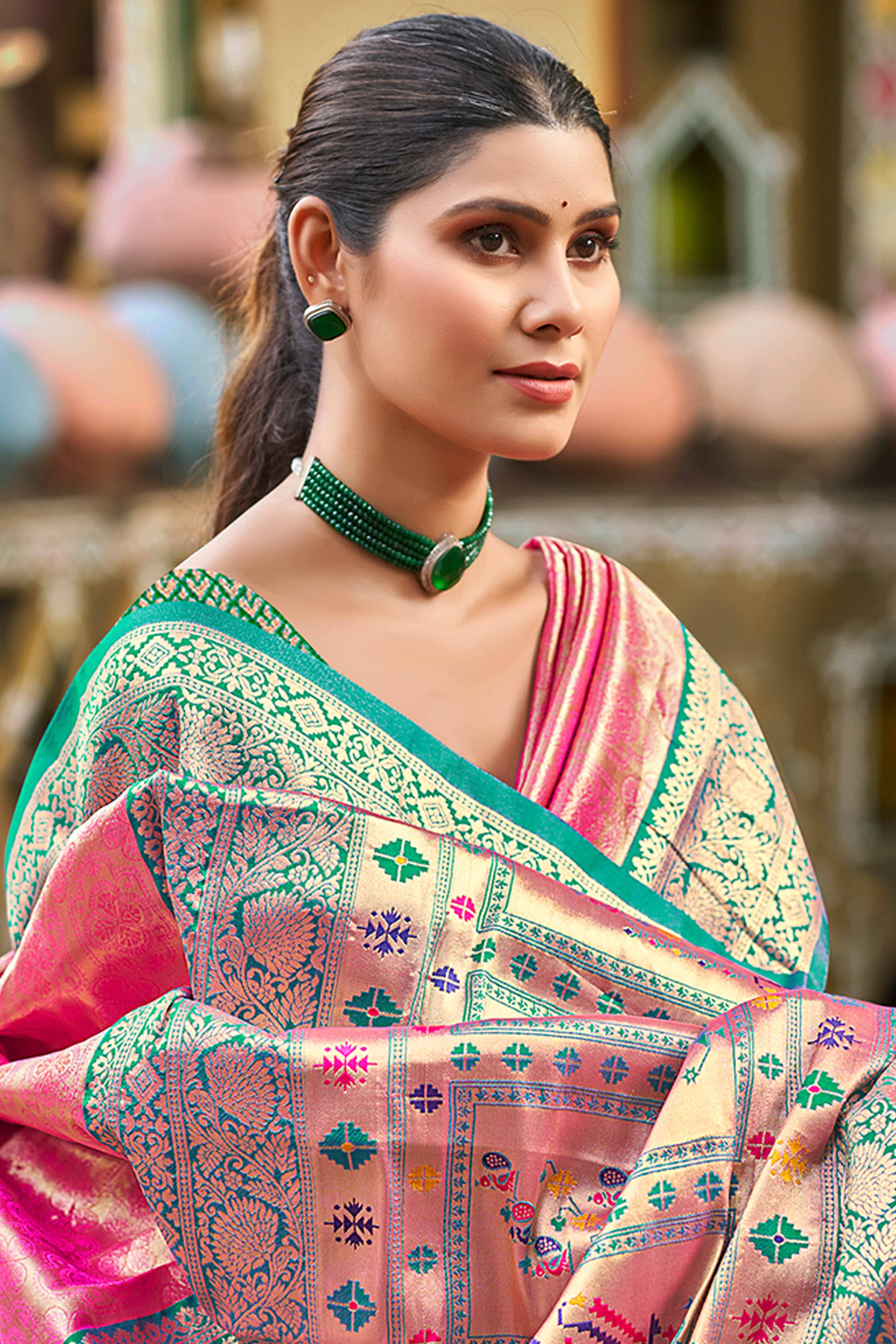 Gajari Pink Paithani Saree In Kanjivaram Silk Featuring Floral Woven Motifs & Tassel Pallu