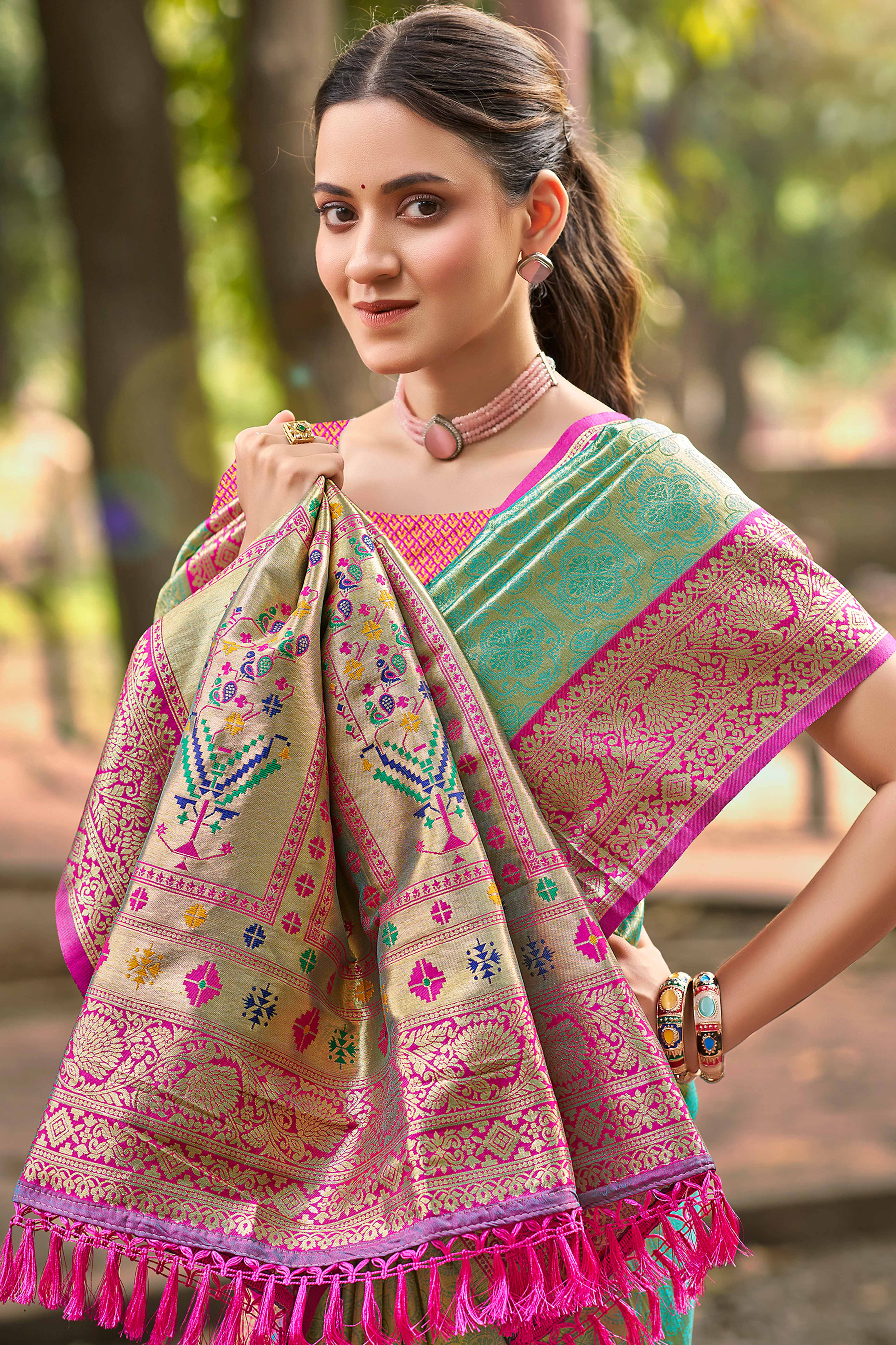 Rama Green Paithani Saree In Kanjivaram Silk Featuring Floral Woven Motifs & Tassel Pallu