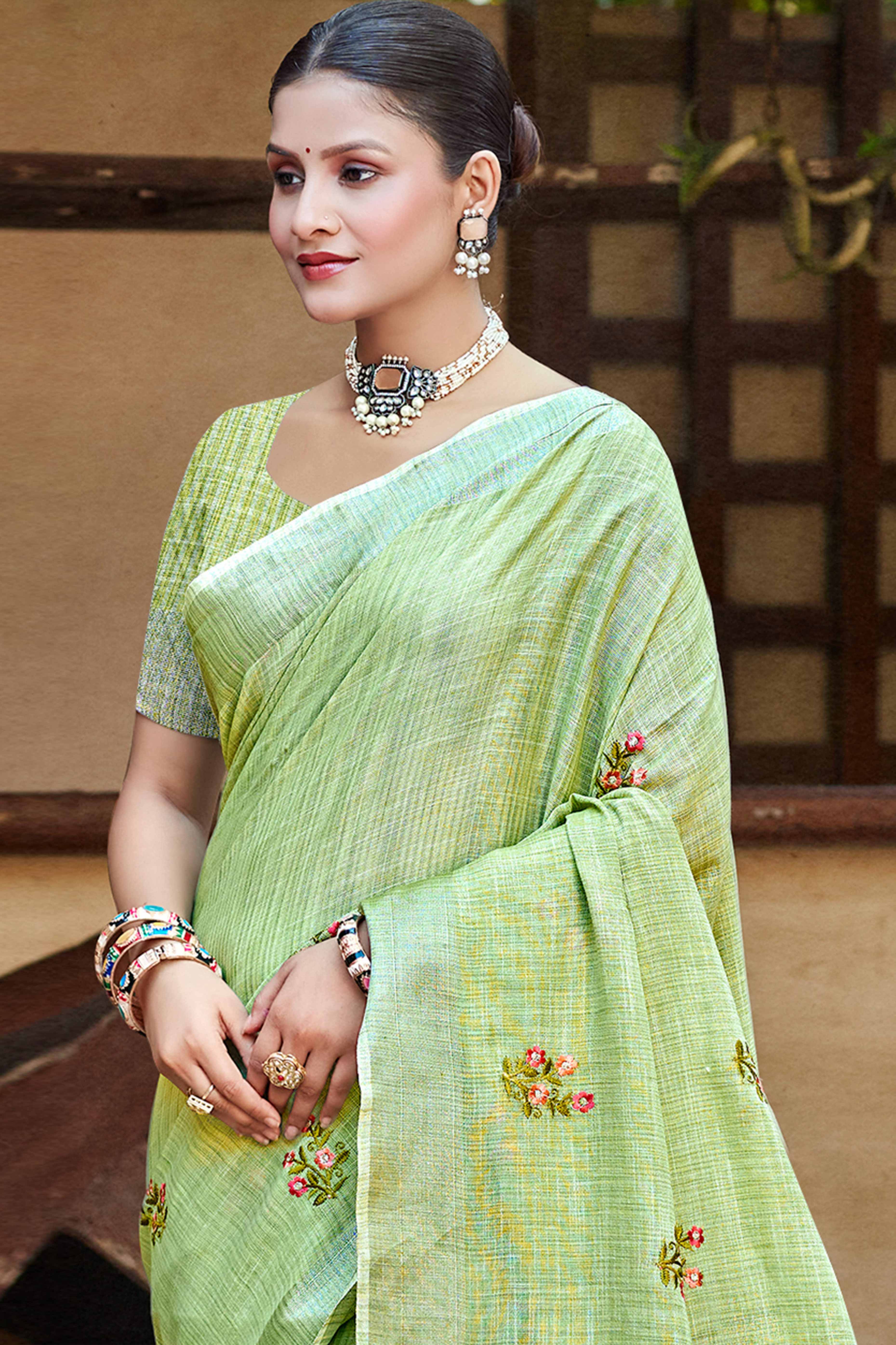Green Embroidered Linen Saree with Floral Motifs in Woven Fabric