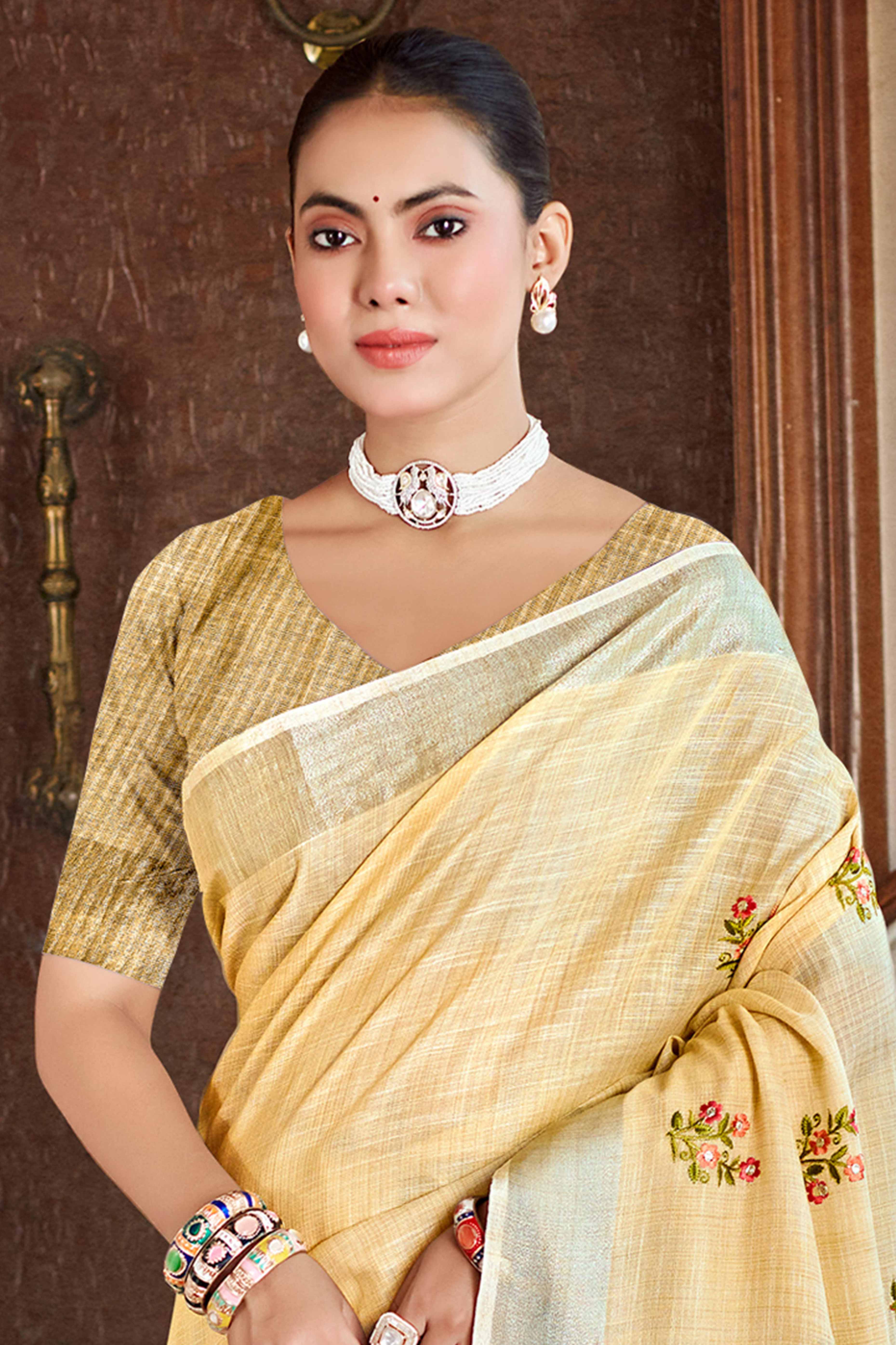 Beige Embroidered Linen Saree with Floral Motifs in Woven Fabric
