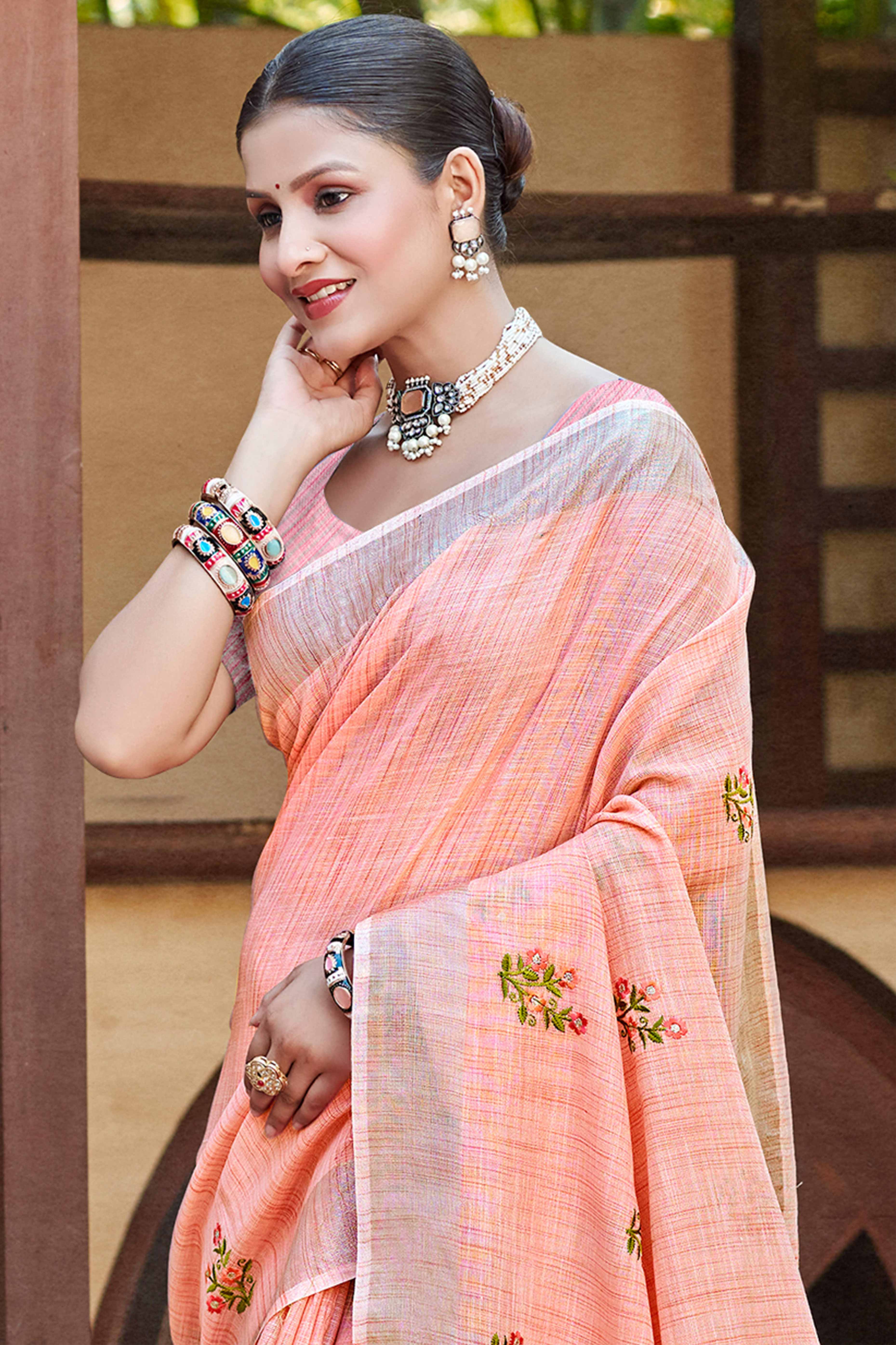 Peach Embroidered Linen Saree with Floral Motifs in Woven Fabric