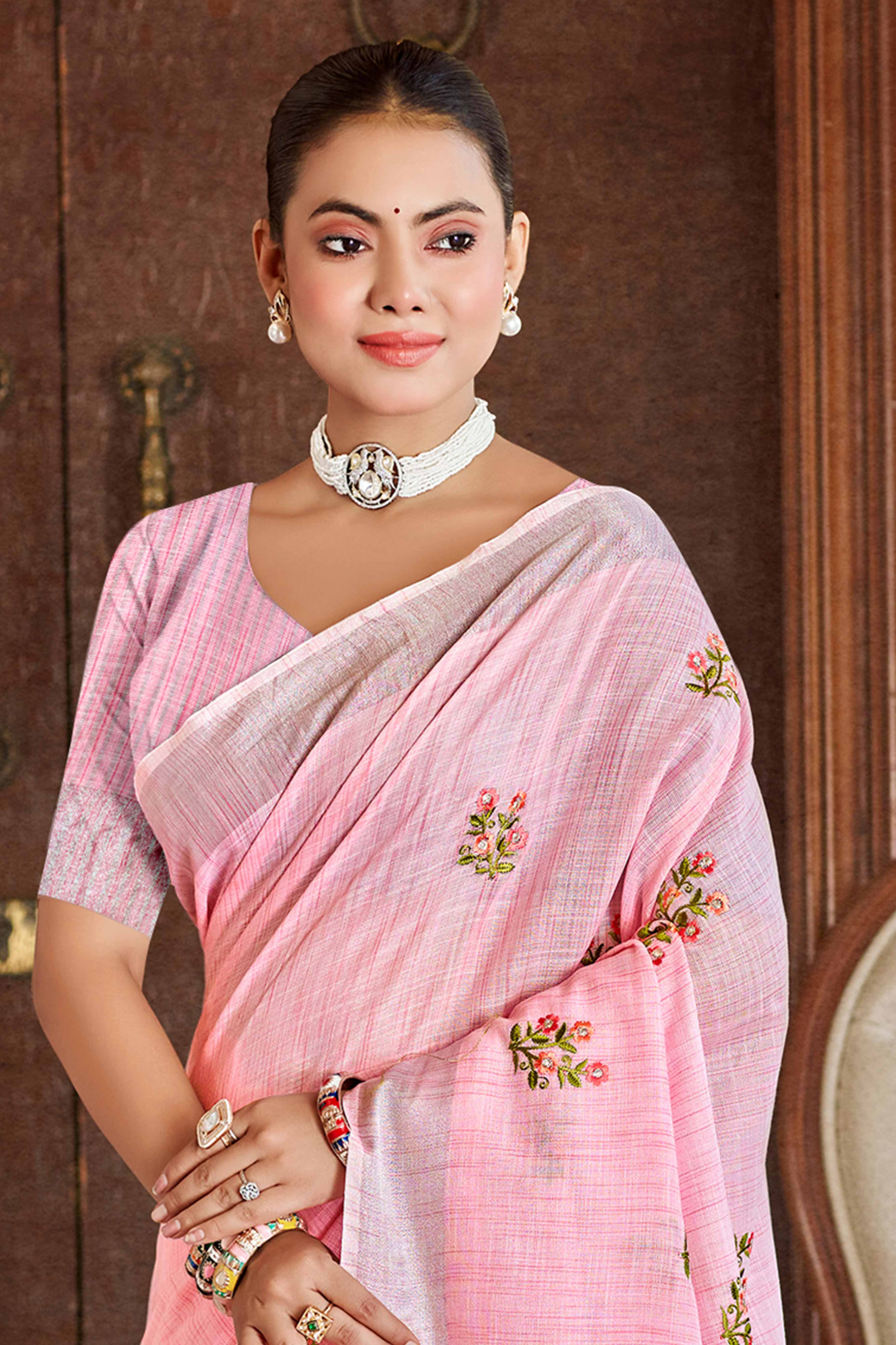 Pink Embroidered Linen Saree with Floral Motifs in Woven Fabric