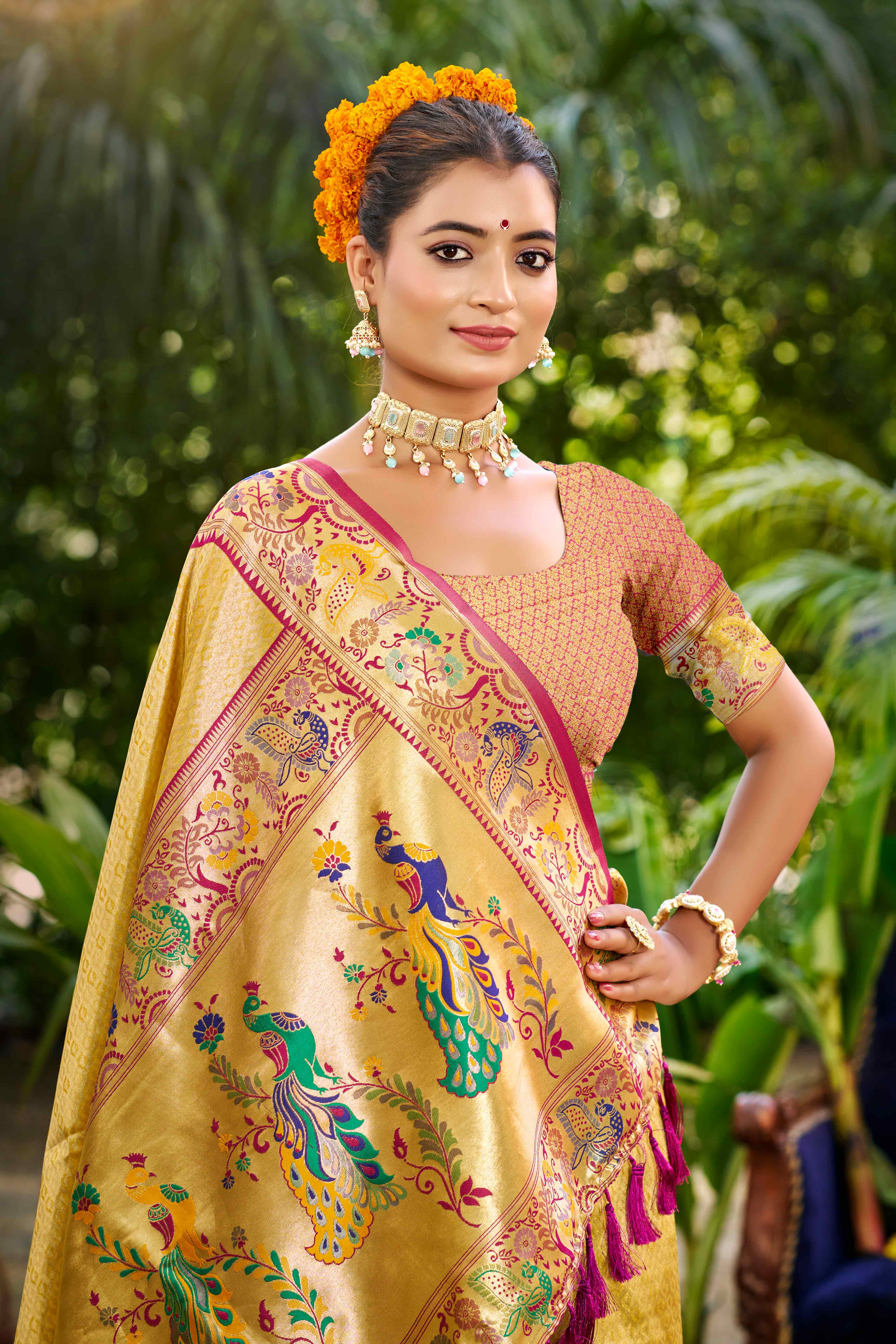 Graceful Yellow Silk Blend Saree Adorned With Intricate Zari Weave & Peacock Motif Pallu