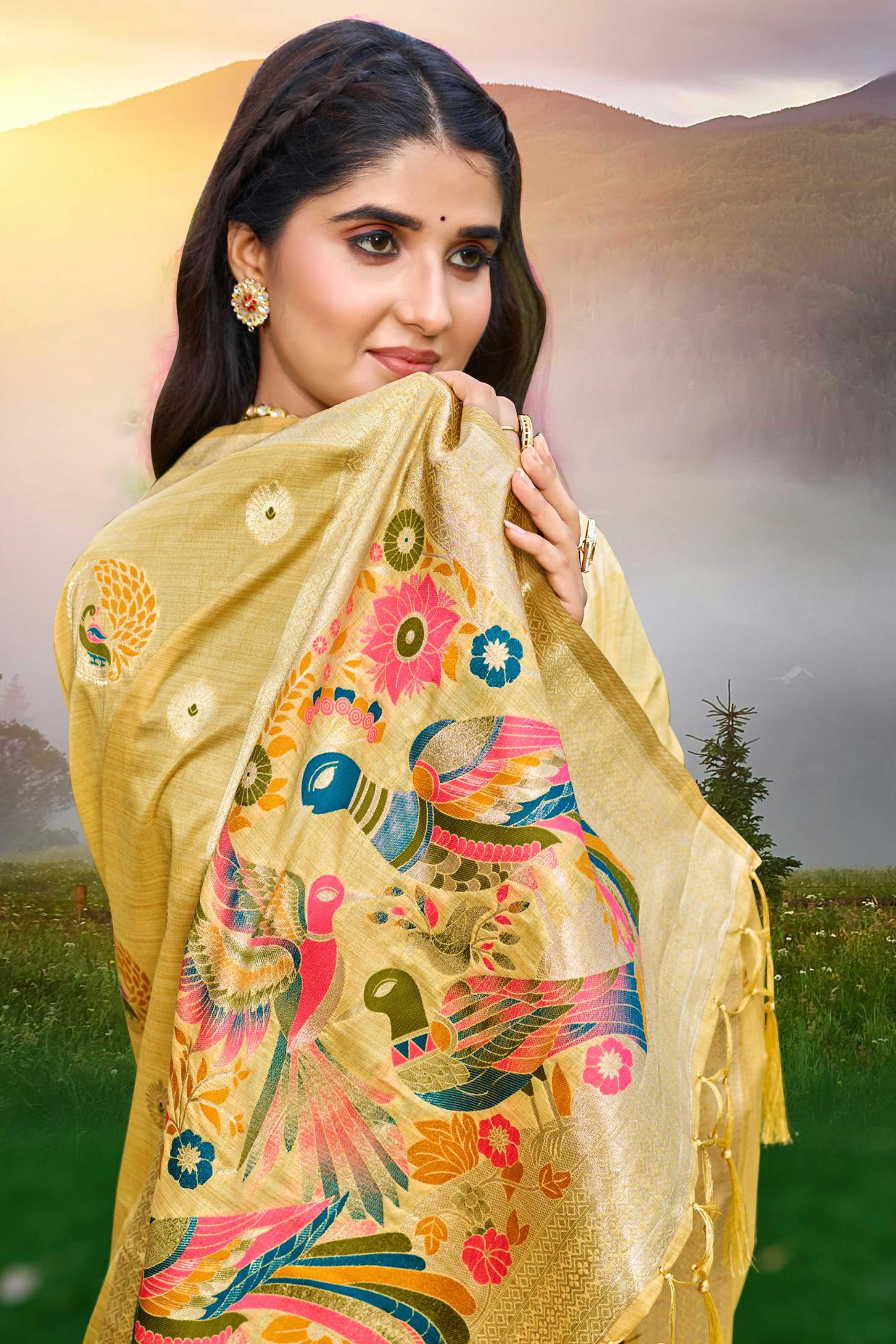 Designer Mustard Assam Silk Blend Saree Adorned With Peacock Zari Weaving & Tassel Pallu