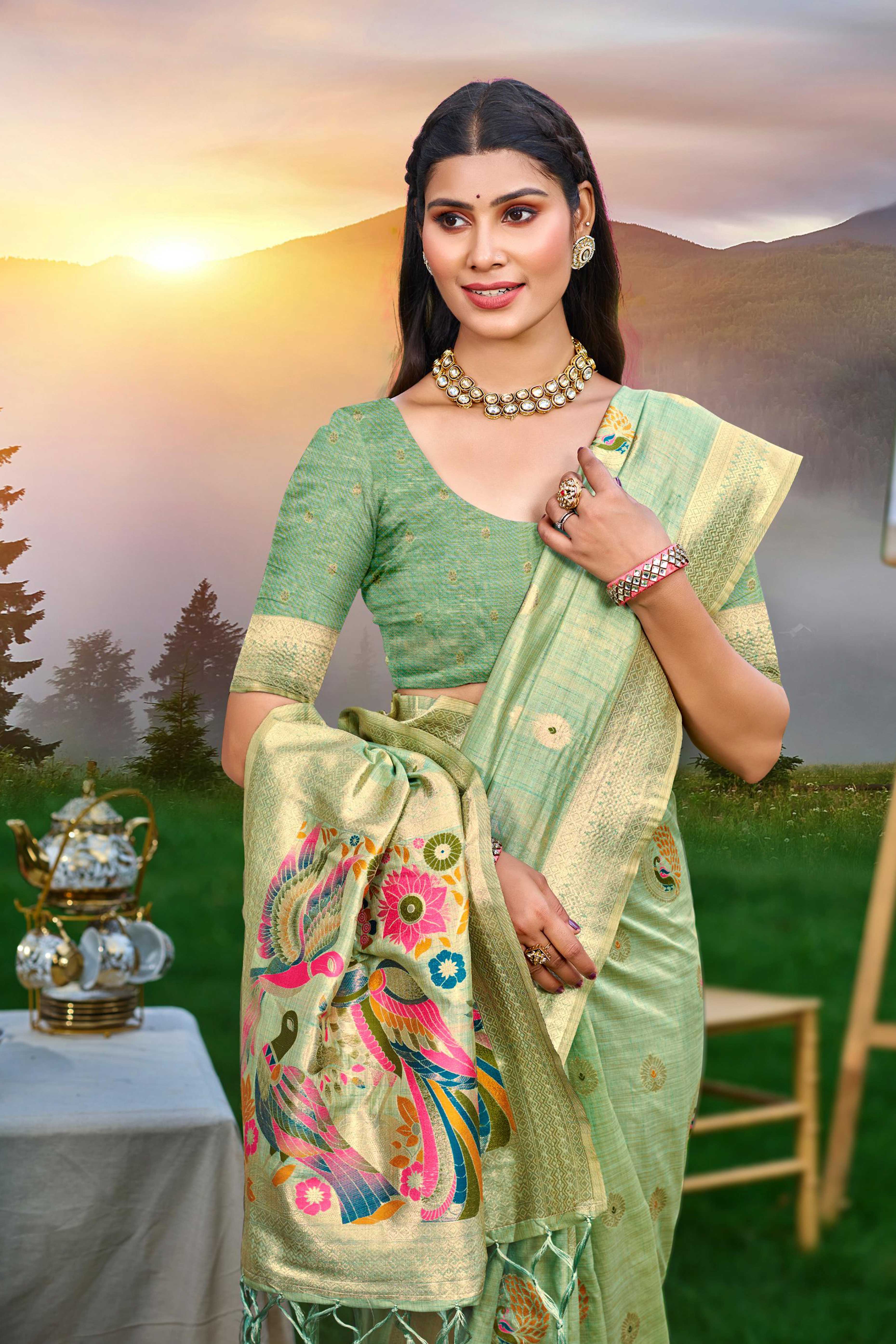 Designer Sea Green Assam Silk Blend Saree Adorned With Peacock Zari Weaving & Tassel Pallu