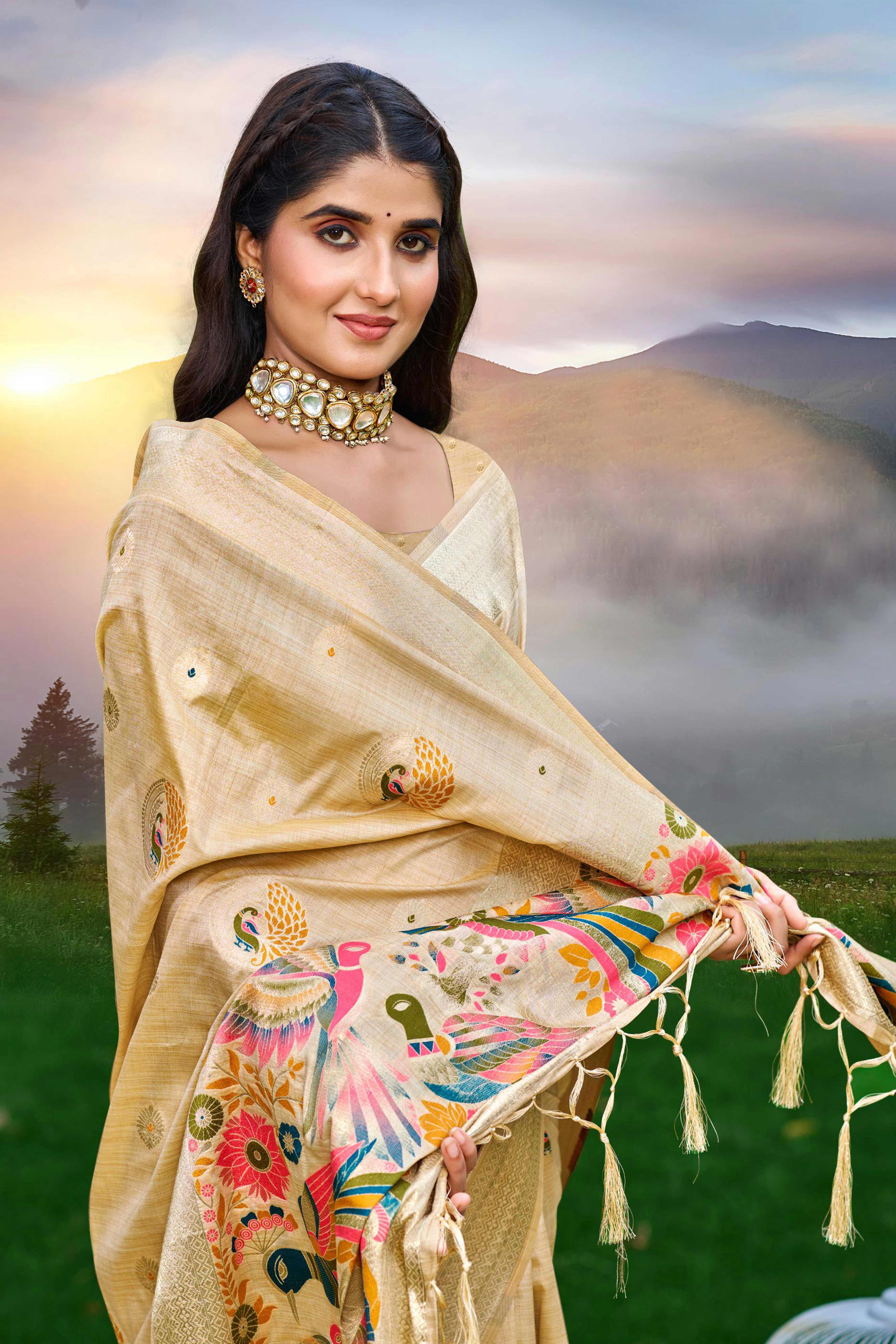 Designer Cream Assam Silk Blend Saree Adorned With Peacock Zari Weaving & Tassel Pallu