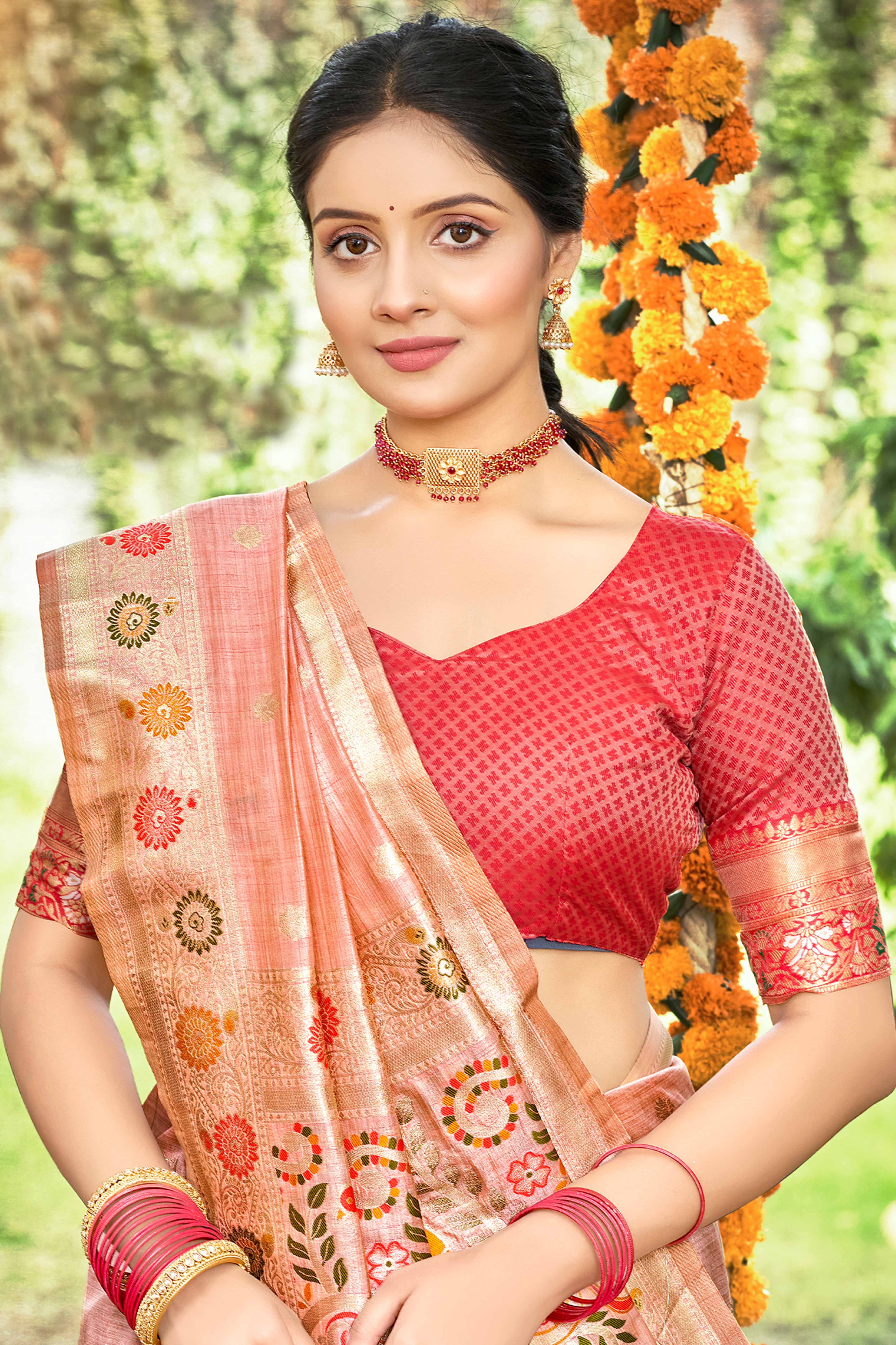 Pink Assam Silk Blend Saree Featuring Intricate Floral Zari Weaving With Tassel Pallu