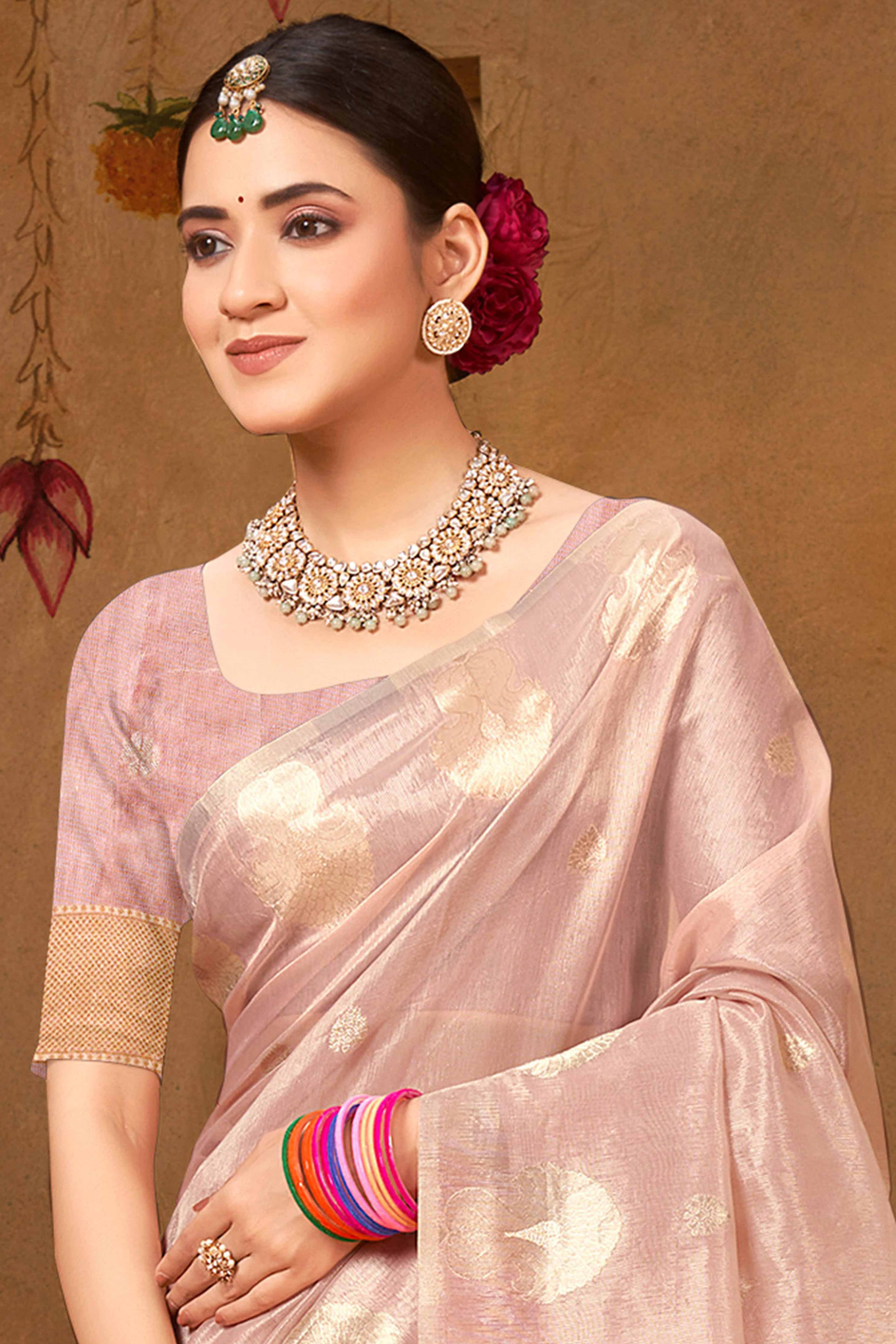 Light Pink Saree in Munga Kota Doria with Traditional Zari Weaving