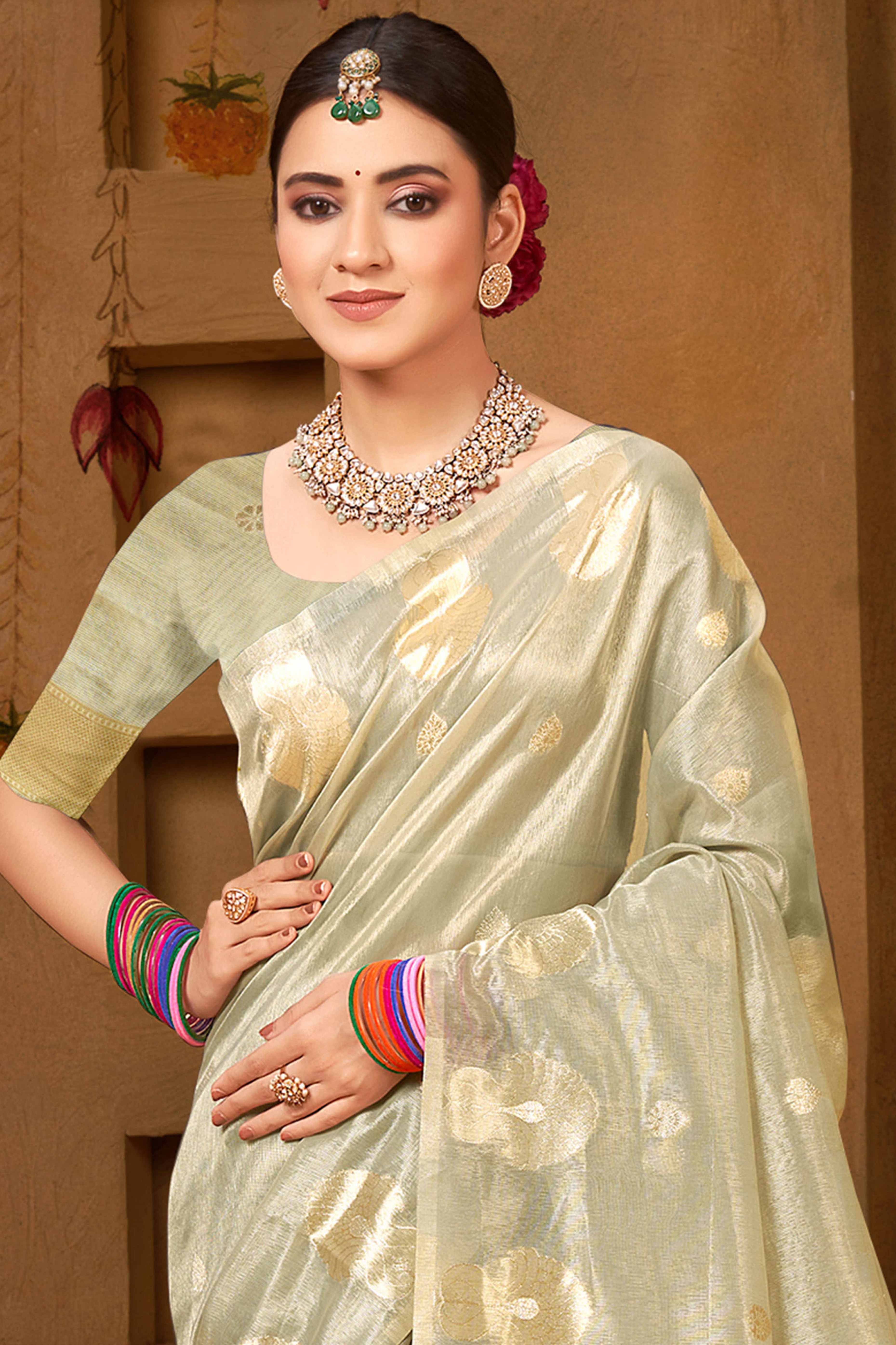 Light Grey Saree in Munga Kota Doria with Traditional Zari Weaving