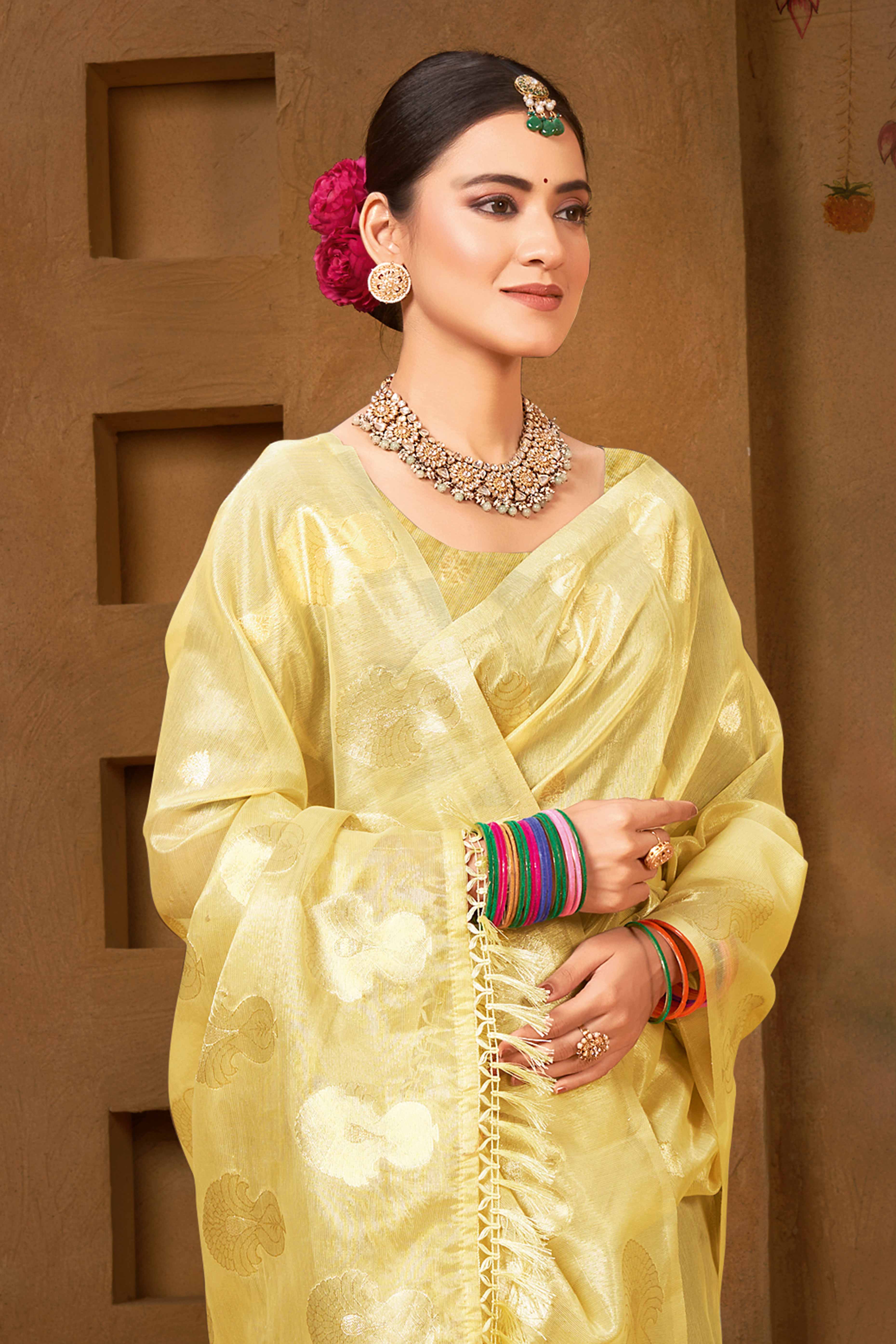 Yellow Saree in Munga Kota Doria with Traditional Zari Weaving