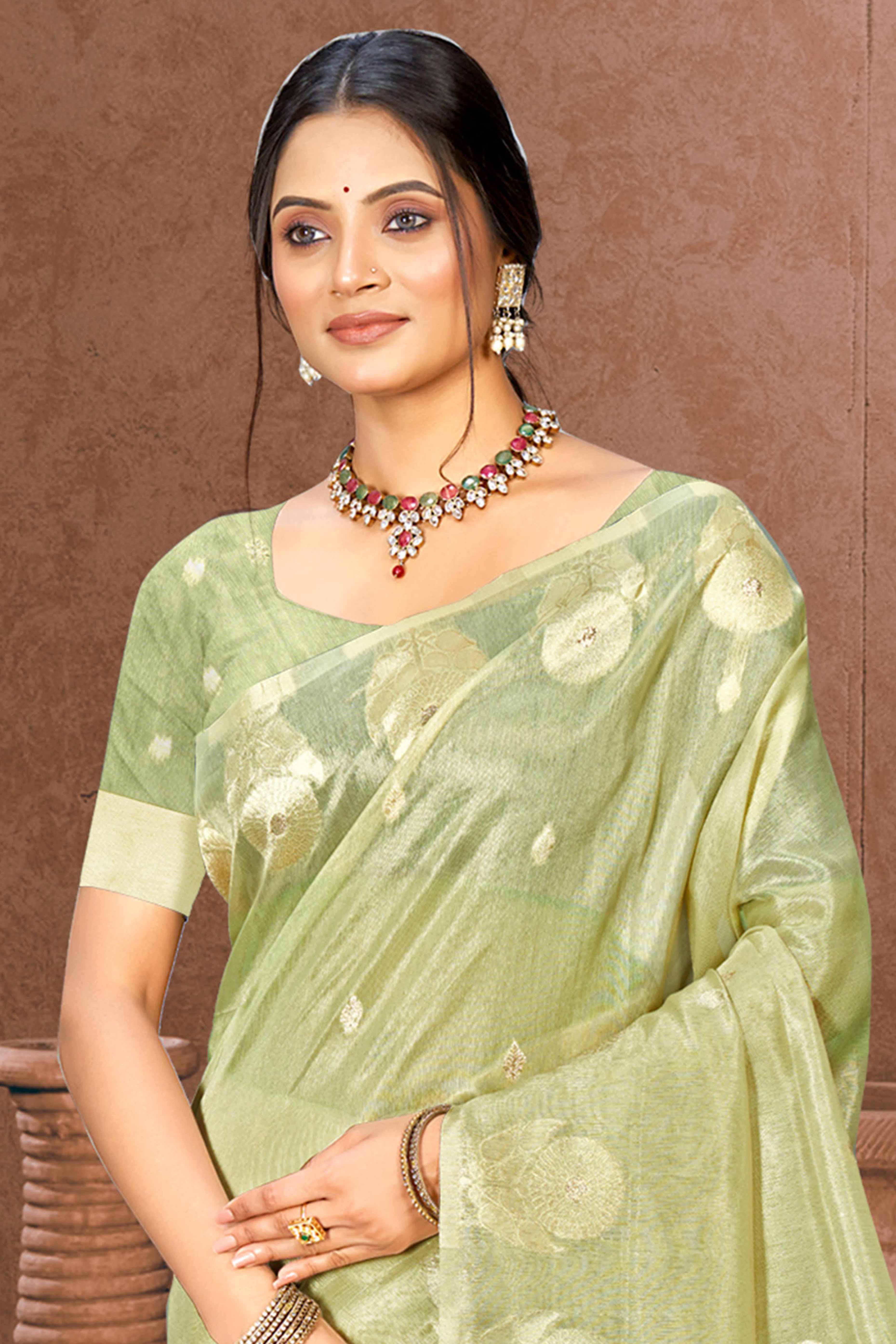 Green Kota Doria Saree with Rich Traditional Zari Woven Borders