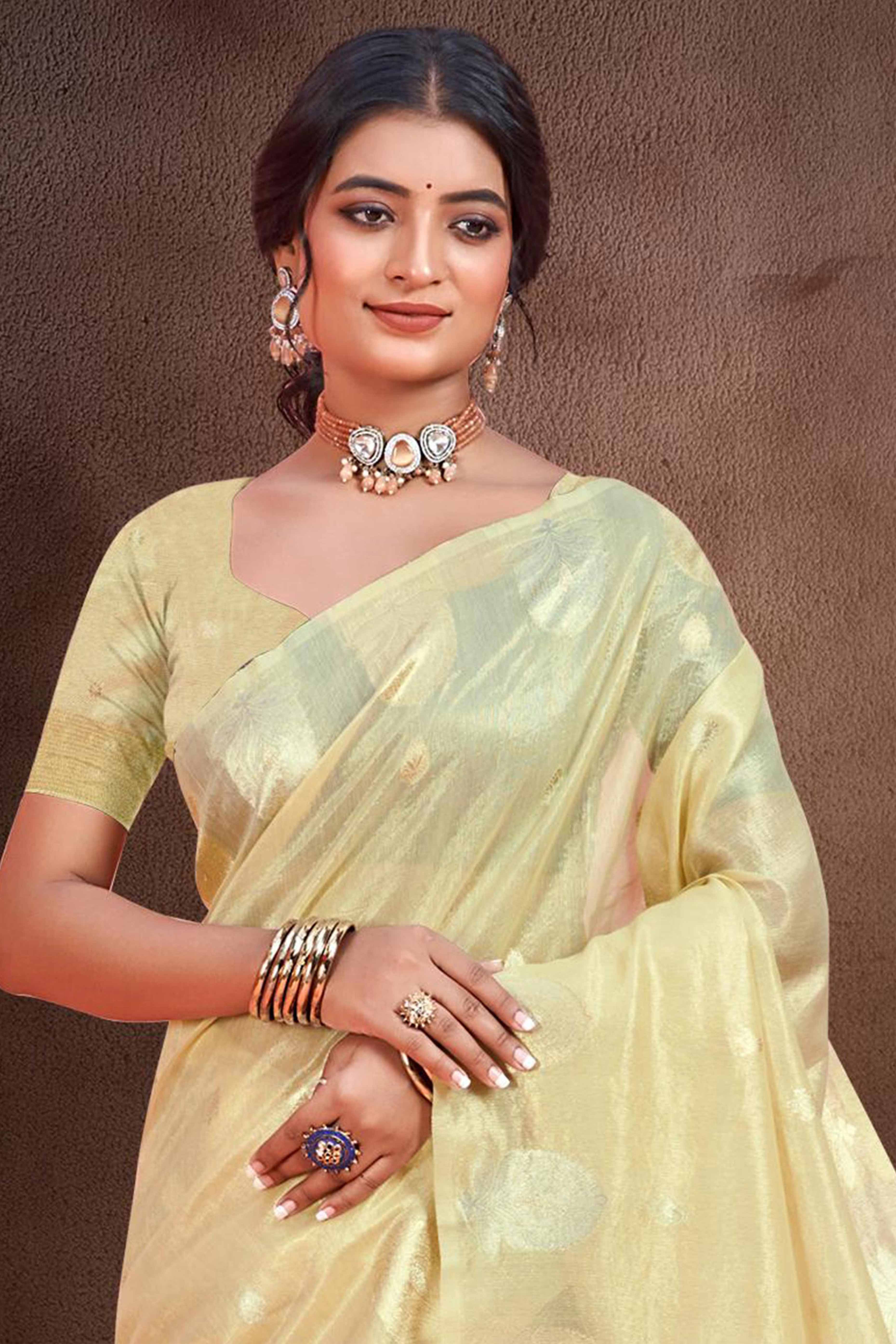 Golden Saree with Traditional Zari Detailing in Munga Kota Doria