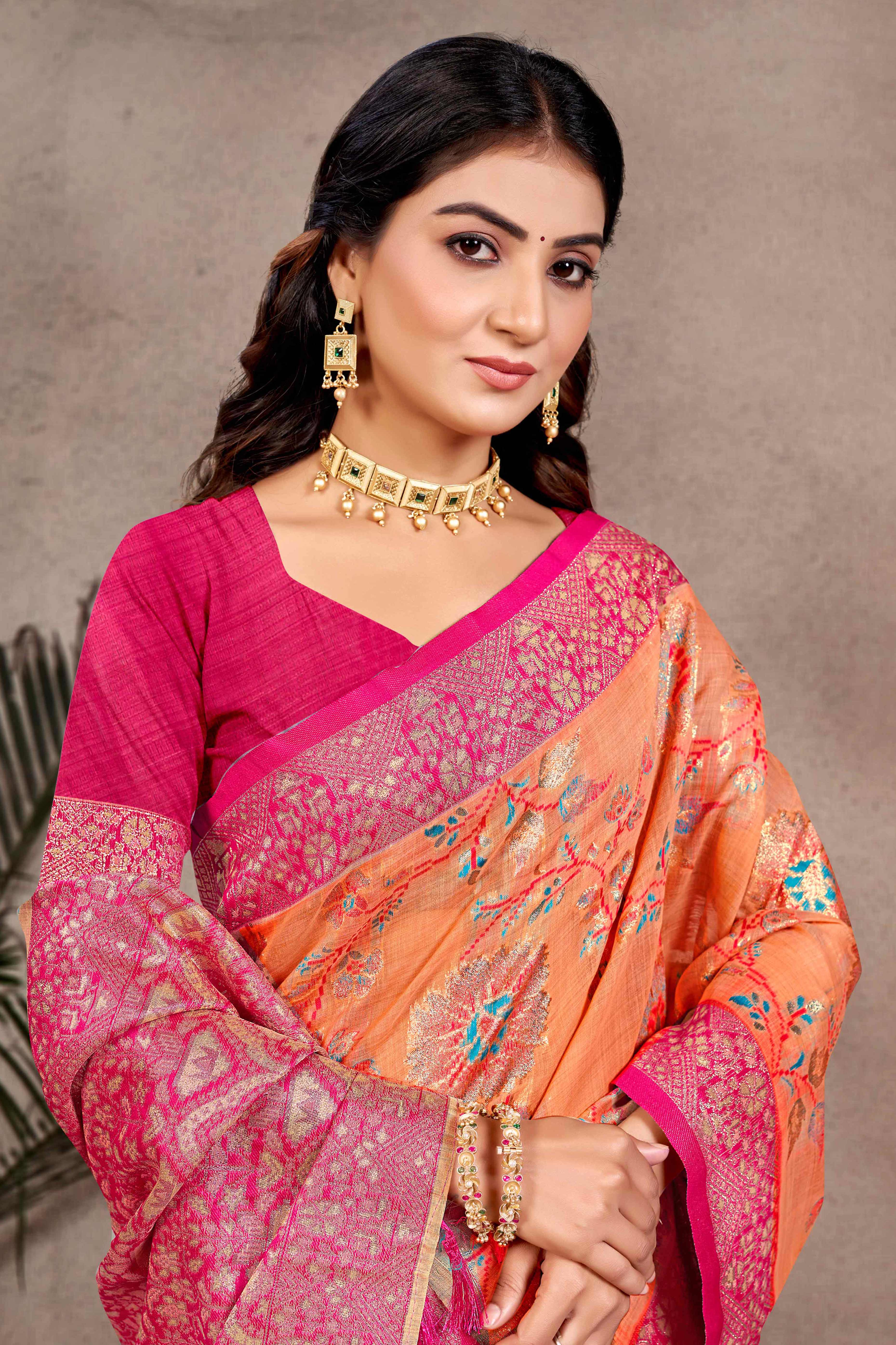 Opulent Orange Floral Zari Motif Weaving Cotton Silk Saree With Elegant Tassel Pallu