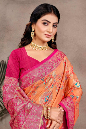 Opulent Orange Floral Zari Motif Weaving Cotton Silk Saree With Elegant Tassel Pallu