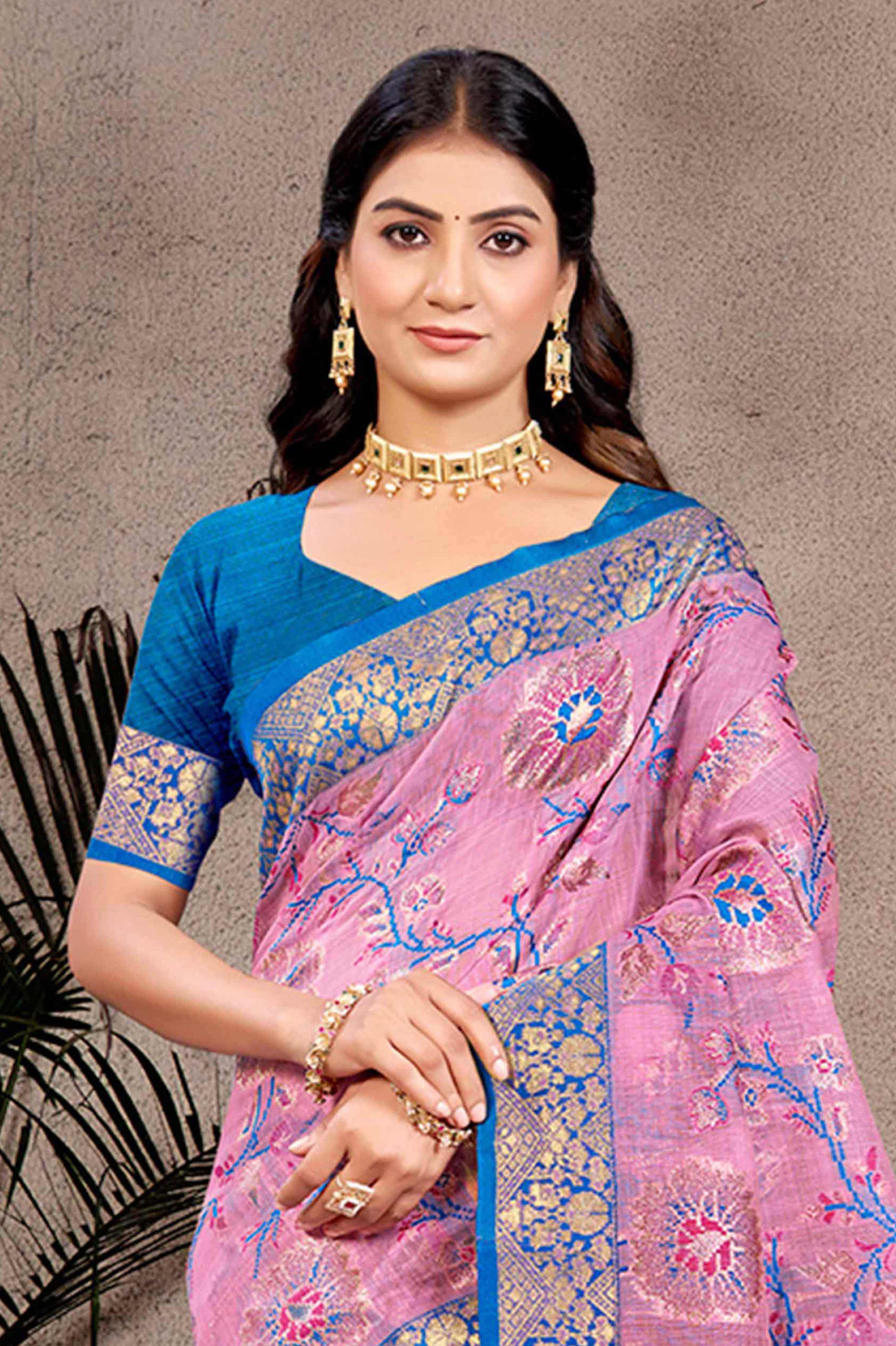 Opulent Pink Floral Zari Motif Weaving Cotton Silk Saree With Elegant Tassel Pallu