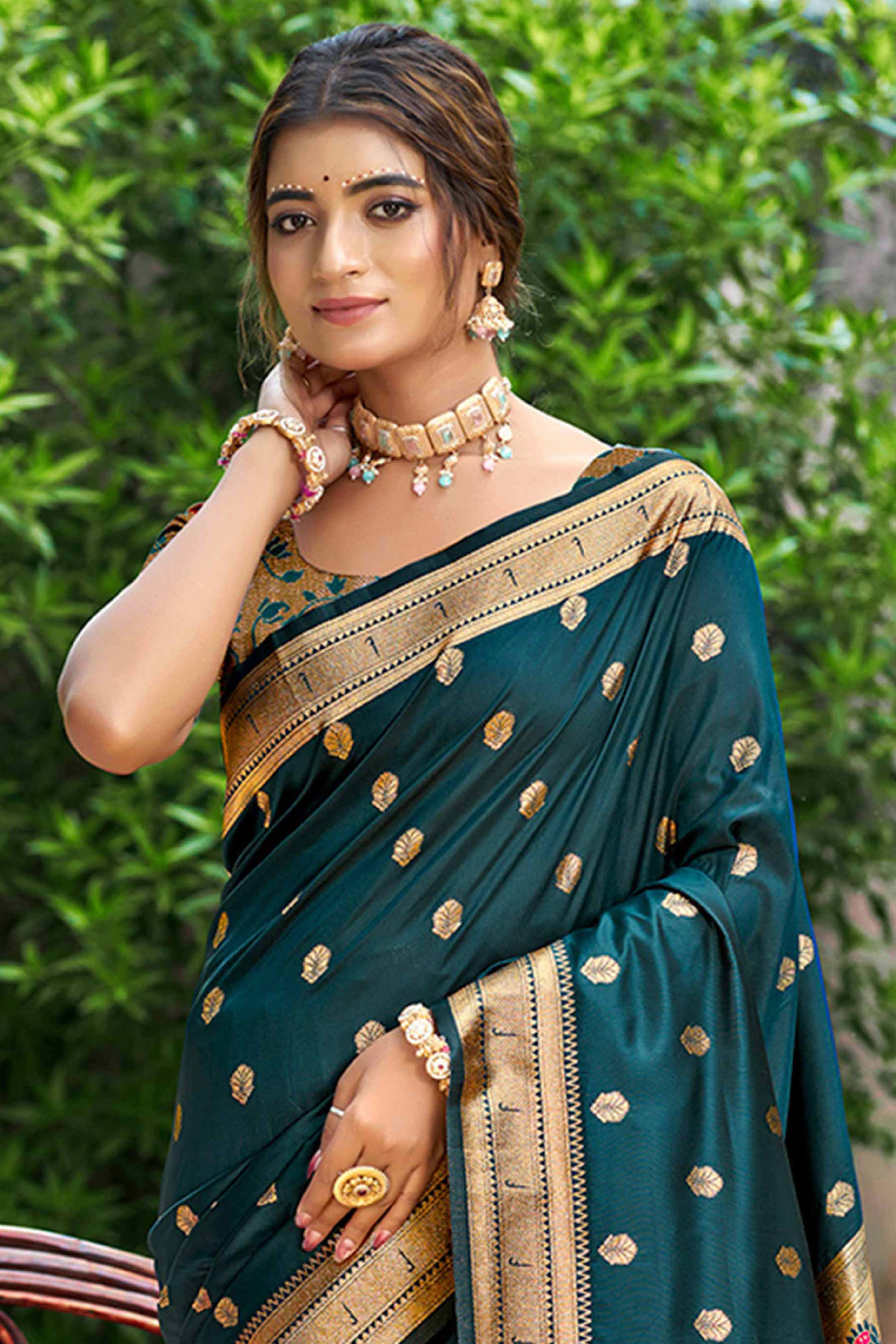 Dark Morpich Blue Zari Weaving Silk Blend Saree Adorned With Peacock Motif Pallu & Graceful Tassel